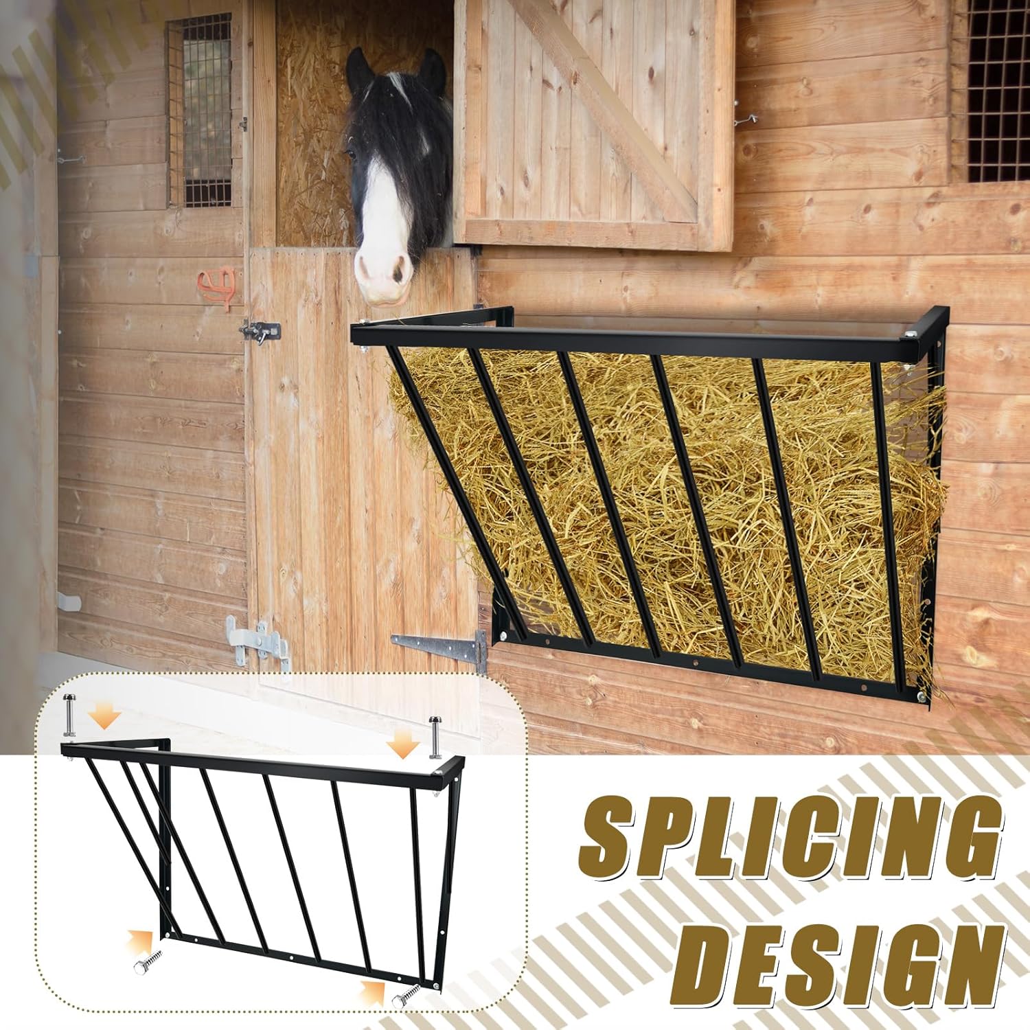 Zonon Comedero de heno de pared para caballos con 24 galones, gran capacidad, 31.5 x 15.5 x 22.5 pulgadas, montado en la pared, soporte de heno de