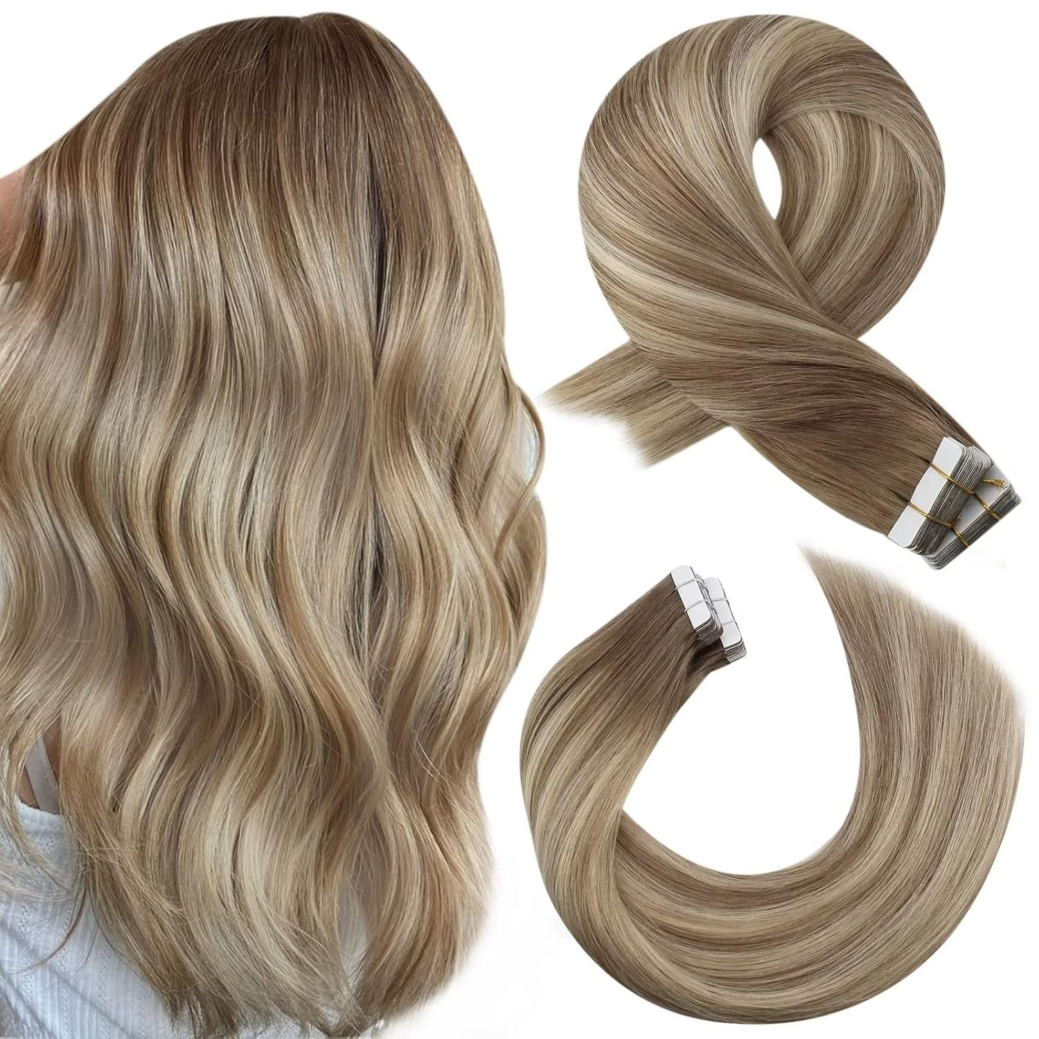 Moresoo Extensiones de cabello humano con cinta adhesiva, balayage, ombré, marrón ceniza a rubio, mezcla con extensiones de cabello rubio claro,