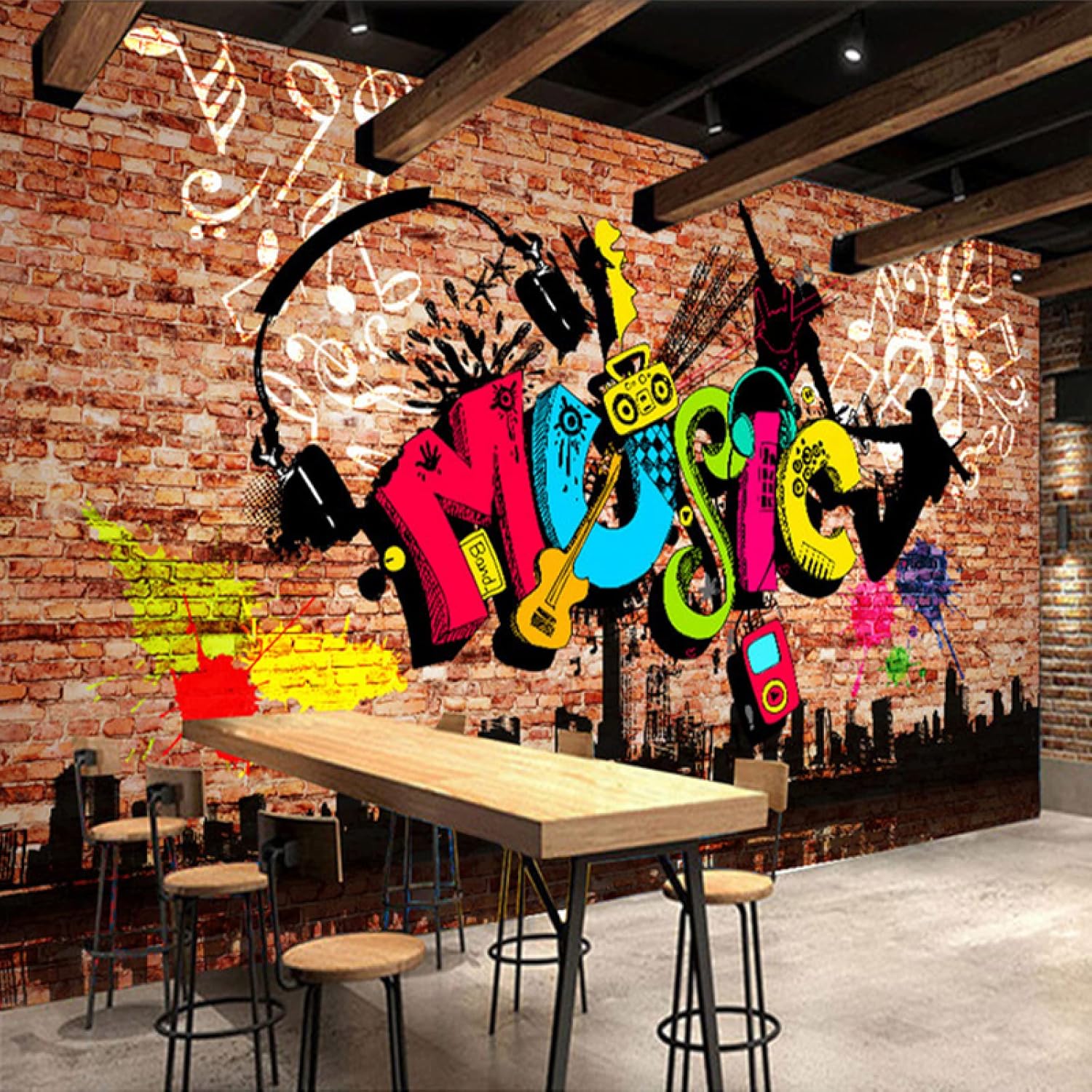 NSDQSM Mural de pared 3D de graffiti musical, papel tapiz de fondo de pared de ladrillo, mural de pared extraíble, decoración del hogar para