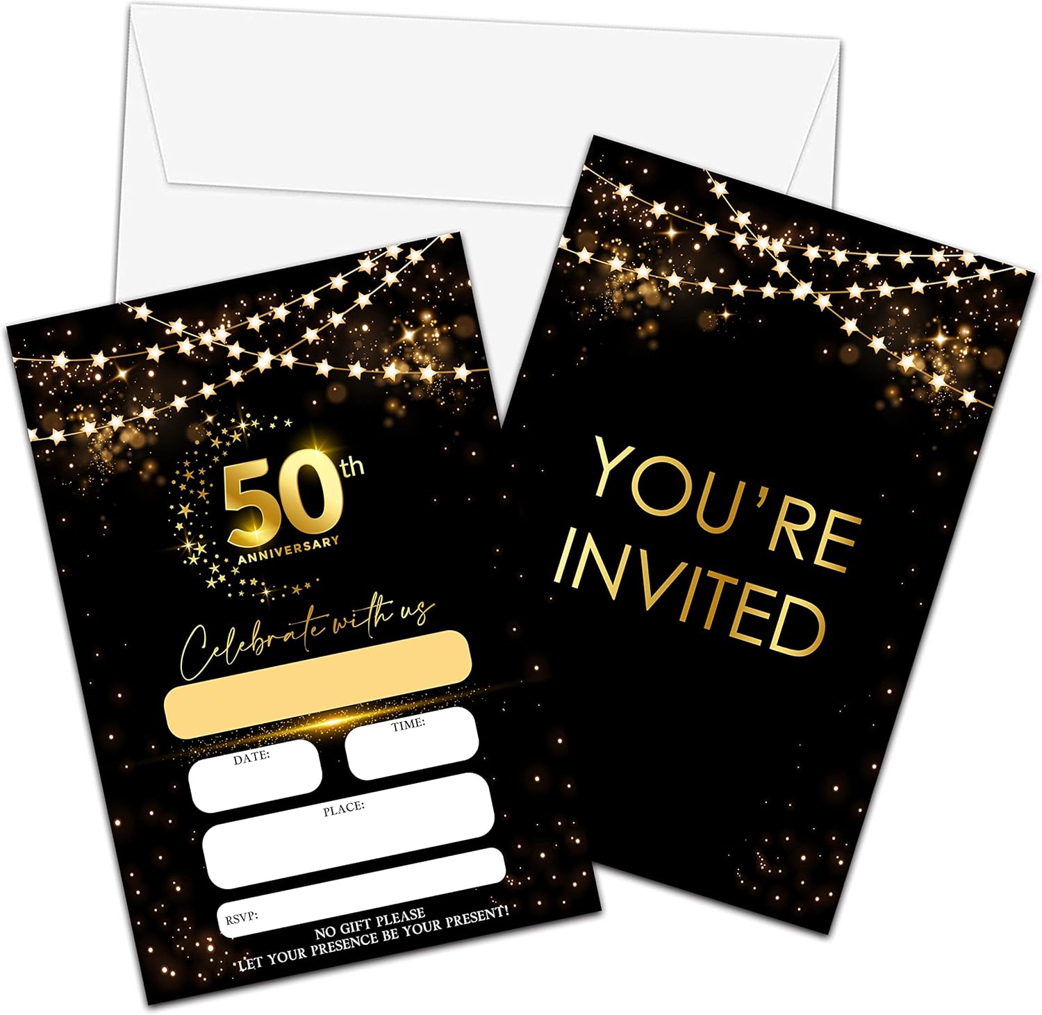 Tarjetas de invitaciones de 50 aniversario, invitaciones de aniversario de boda con purpurina negra y dorada con sobres, tarjetas de invitaciones