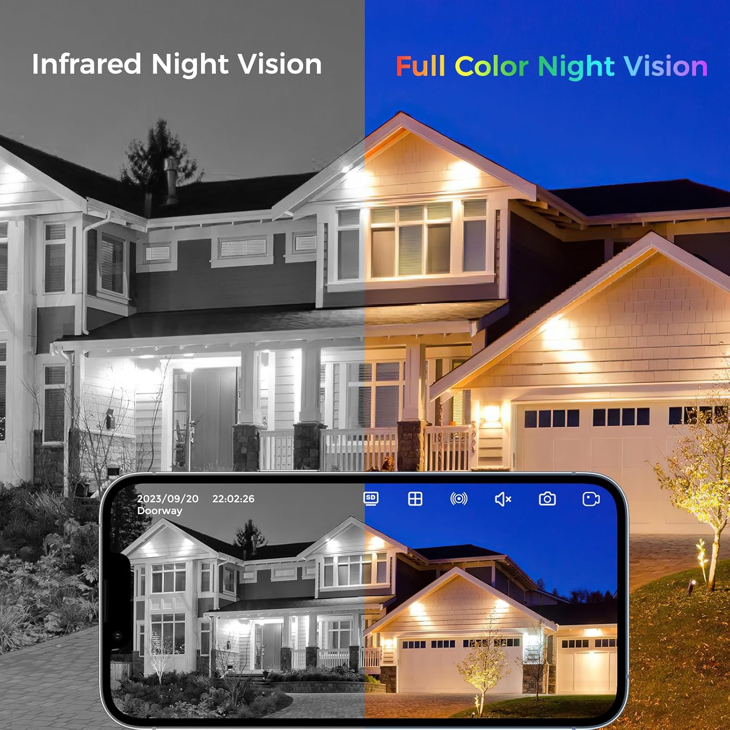 Hiseeu Cámara de seguridad de doble lente de 3MP inalámbrica WiFi 2.4GHz al aire libre, zoom panorámico e inclinación de 10X 360, visión nocturna a