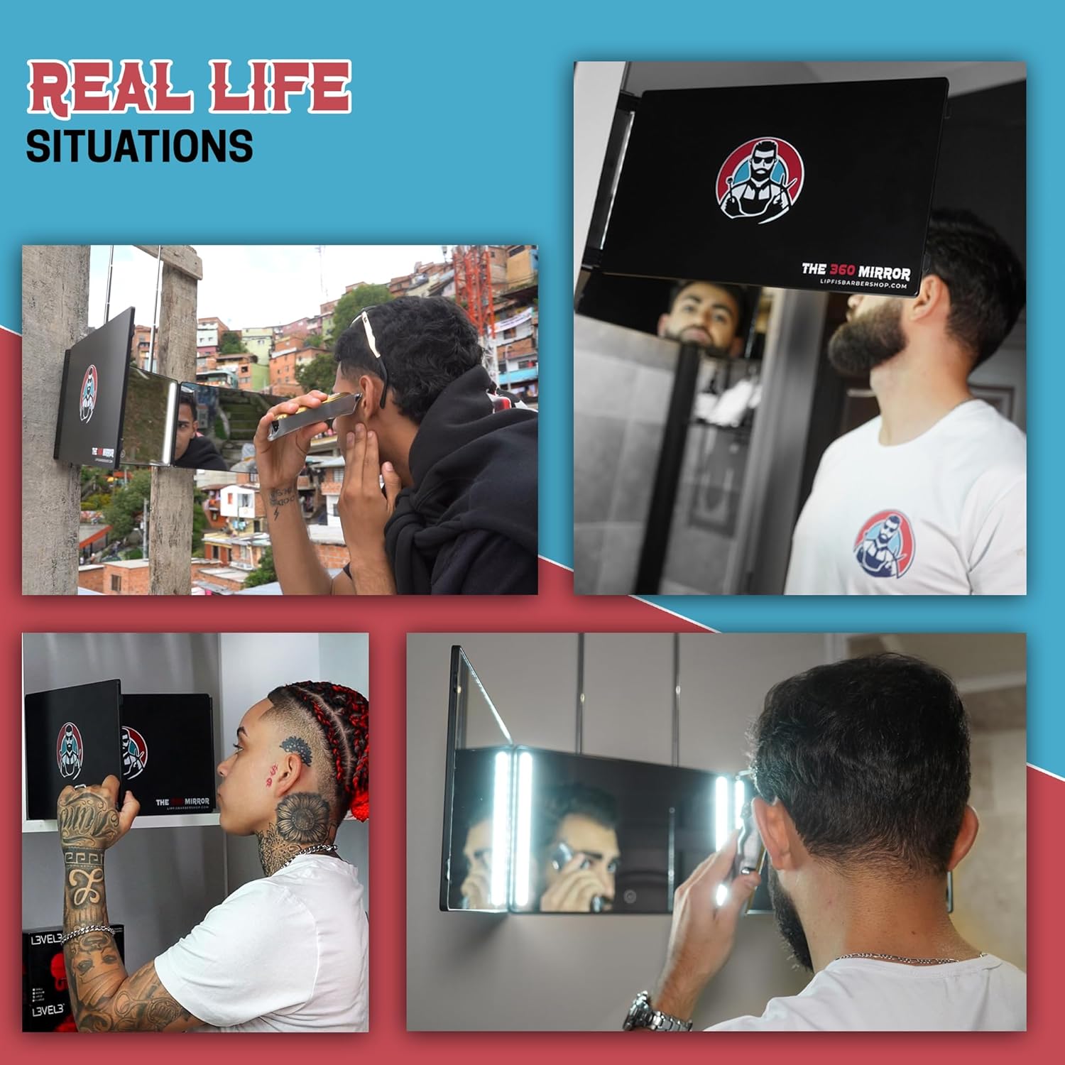 LIPFISBARBERSHOPCOM Espejo de 360 - Espejo de 3 vías para corte de pelo automático con ganchos telescópicos ajustables en altura negro con luces LED - Imagen 10