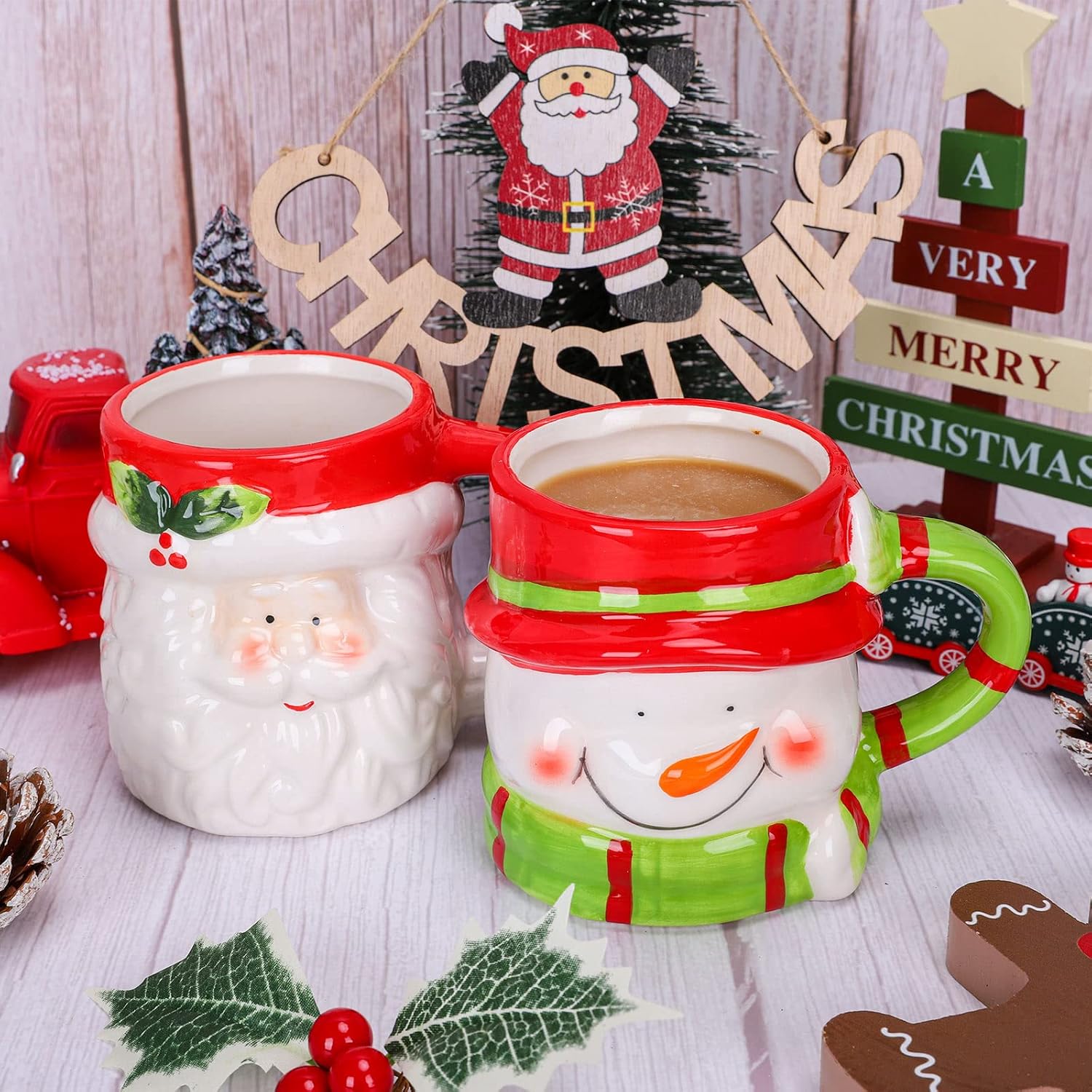 Whaline 2 tazas de Navidad, lindas tazas de Papá Noel, muñeco de nieve, tazas de café de vacaciones de invierno, regalo divertido para familiares,