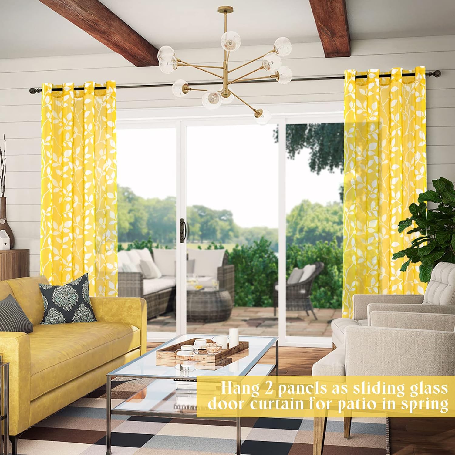 XTMYI Cortinas amarillas de 108 pulgadas de largo para sala de estar, juego de 2 paneles de hojas transparentes con estampado floral, cortinas