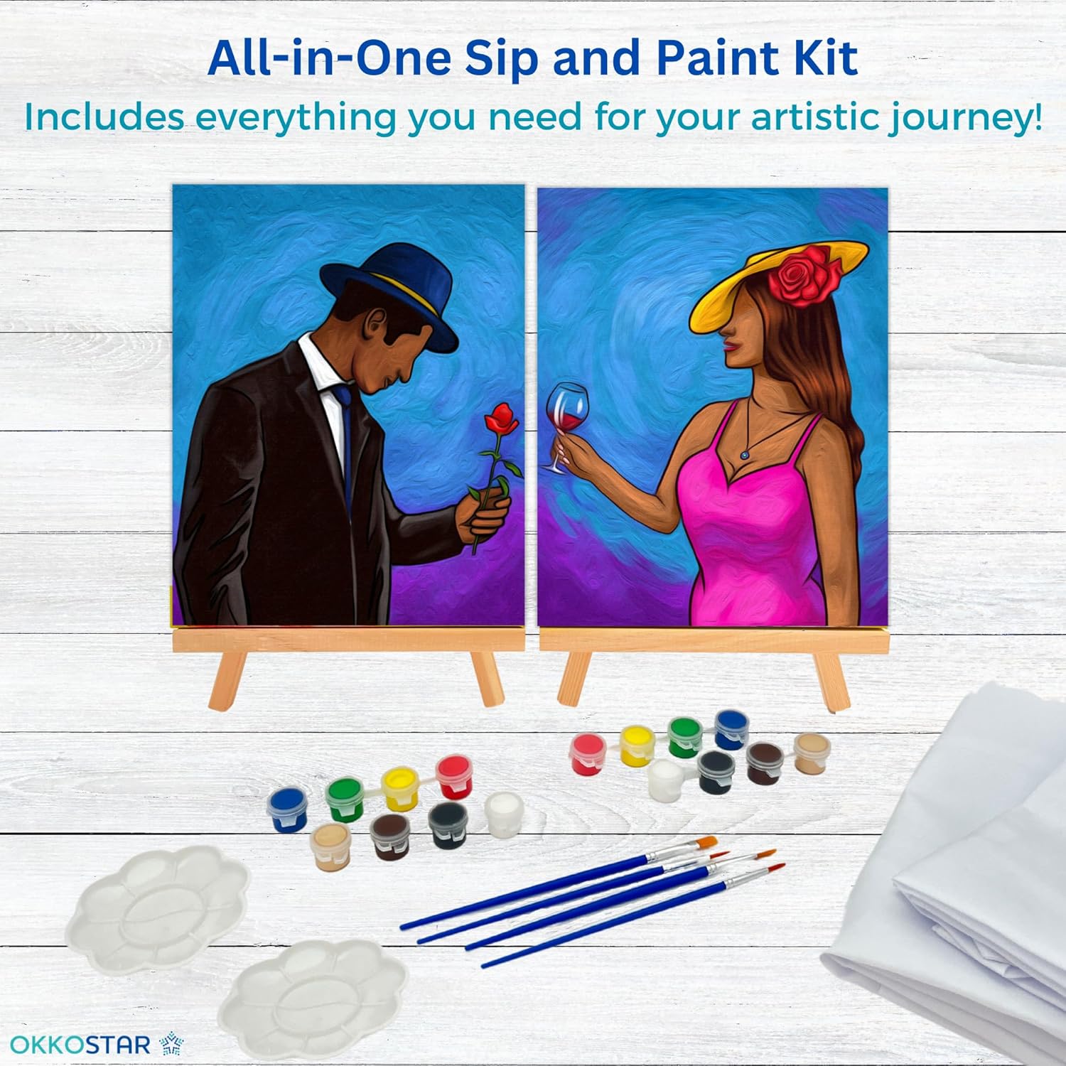 Kit de pintura y sorbo para parejas adultas, lienzo predibujado de 8 x 10 pulgadas para pintar para adultos, kit de pintura y sorbo con