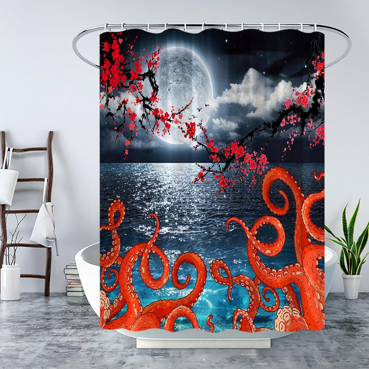 AMHNF Cortina de ducha náutica de pulpo, océano azul, luna llena, mar, kraken, rojo, pulpo, tentáculo, flor de cerezo, noche, naturaleza, decoración