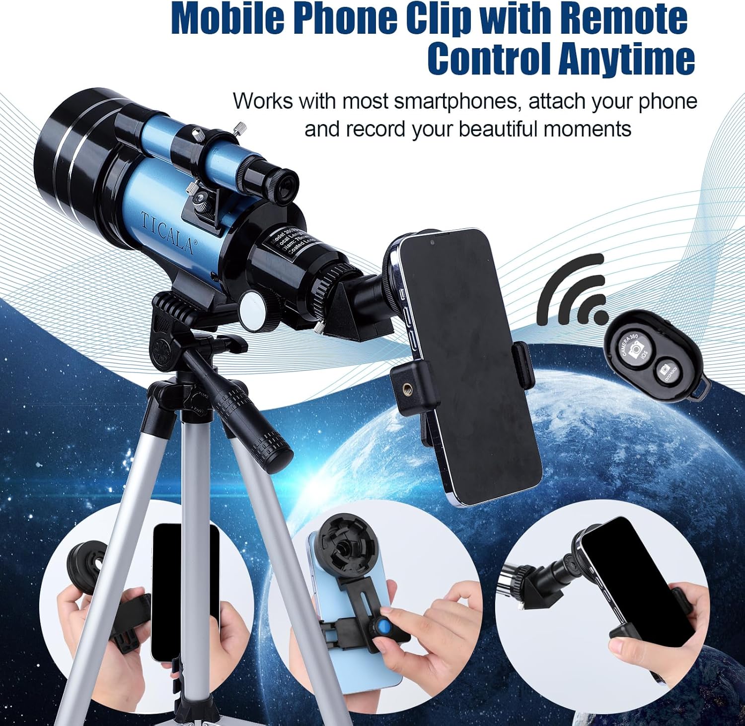 Telescopio, apertura de 2.756 in (15X-150X) telescopios refractores portátiles para adultosniñosprincipiantes en astronomía, telescopio de viaje