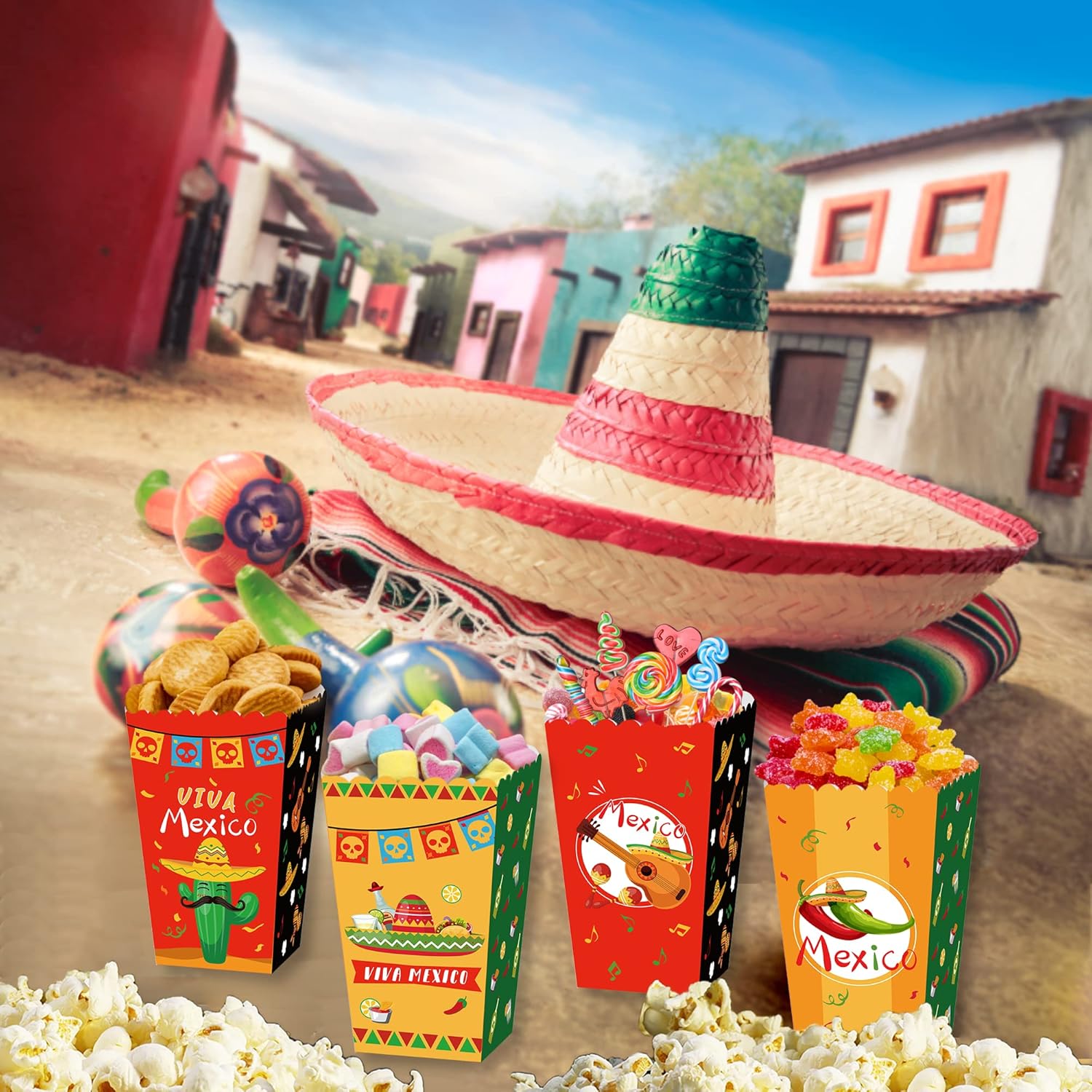 Paquete de 24 cajas de golosinas de palomitas de maíz de México, bandeja de galletas de palomitas de maíz, bolsas de dulces, suministros para