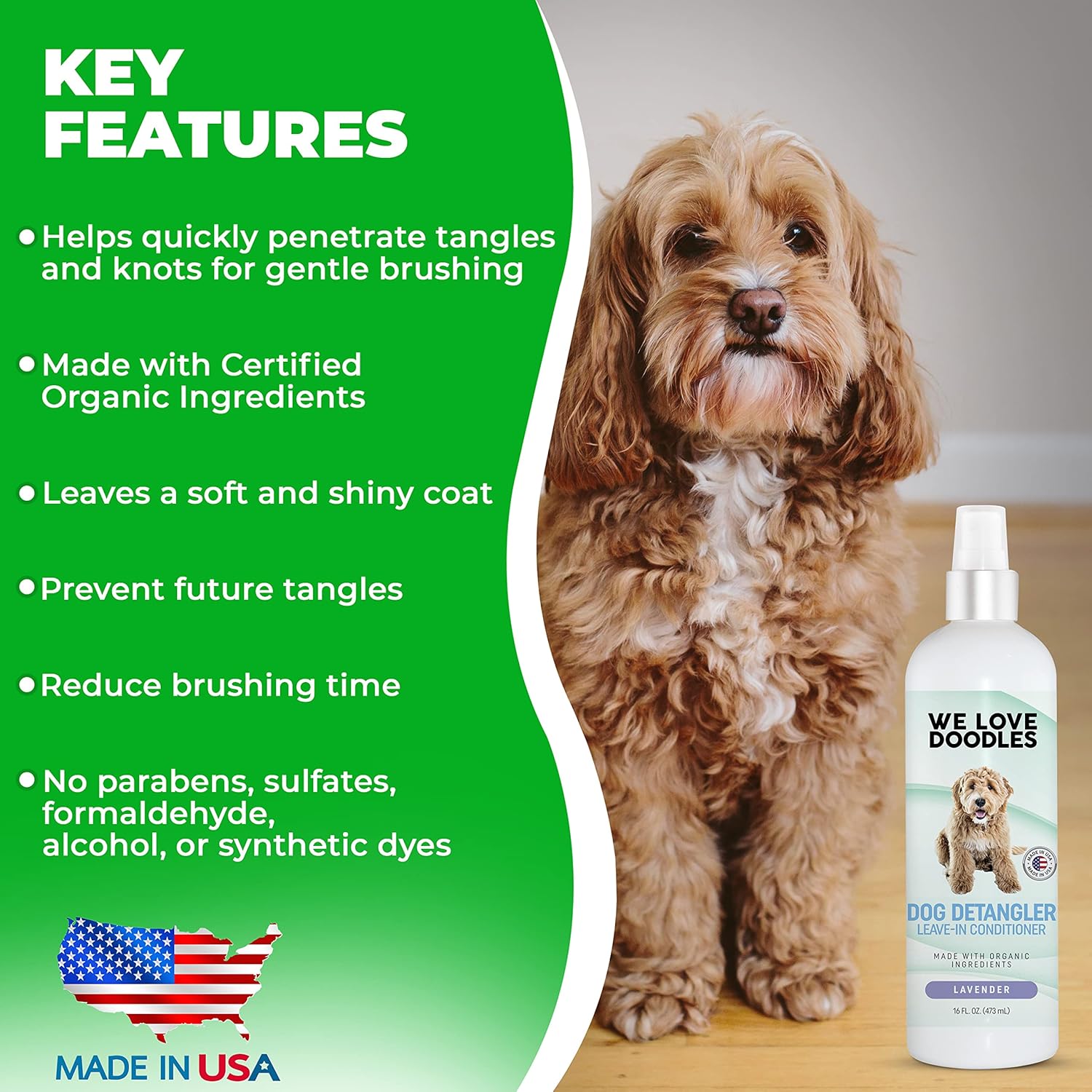 We Love Doodles Juego combinado de champú y desenredante en aerosol 4 en 1 para perros, fabricado en Estados Unidos, ingredientes orgánicos, kit de
