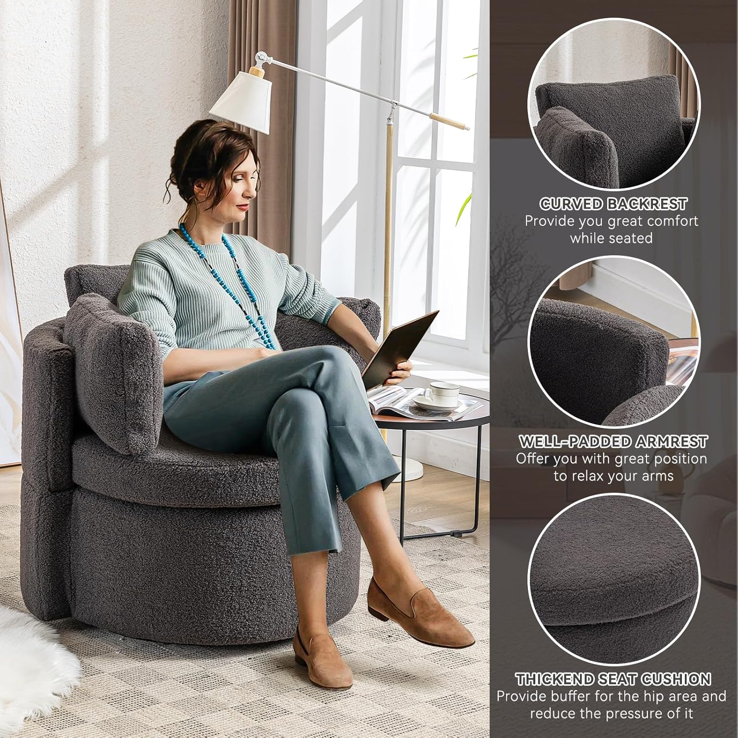 Silla giratoria con diseño de barril de acento moderno, tapizado, de gran tamaño, para sala de estar, club, ocio, silla redonda con 3 almohadas para
