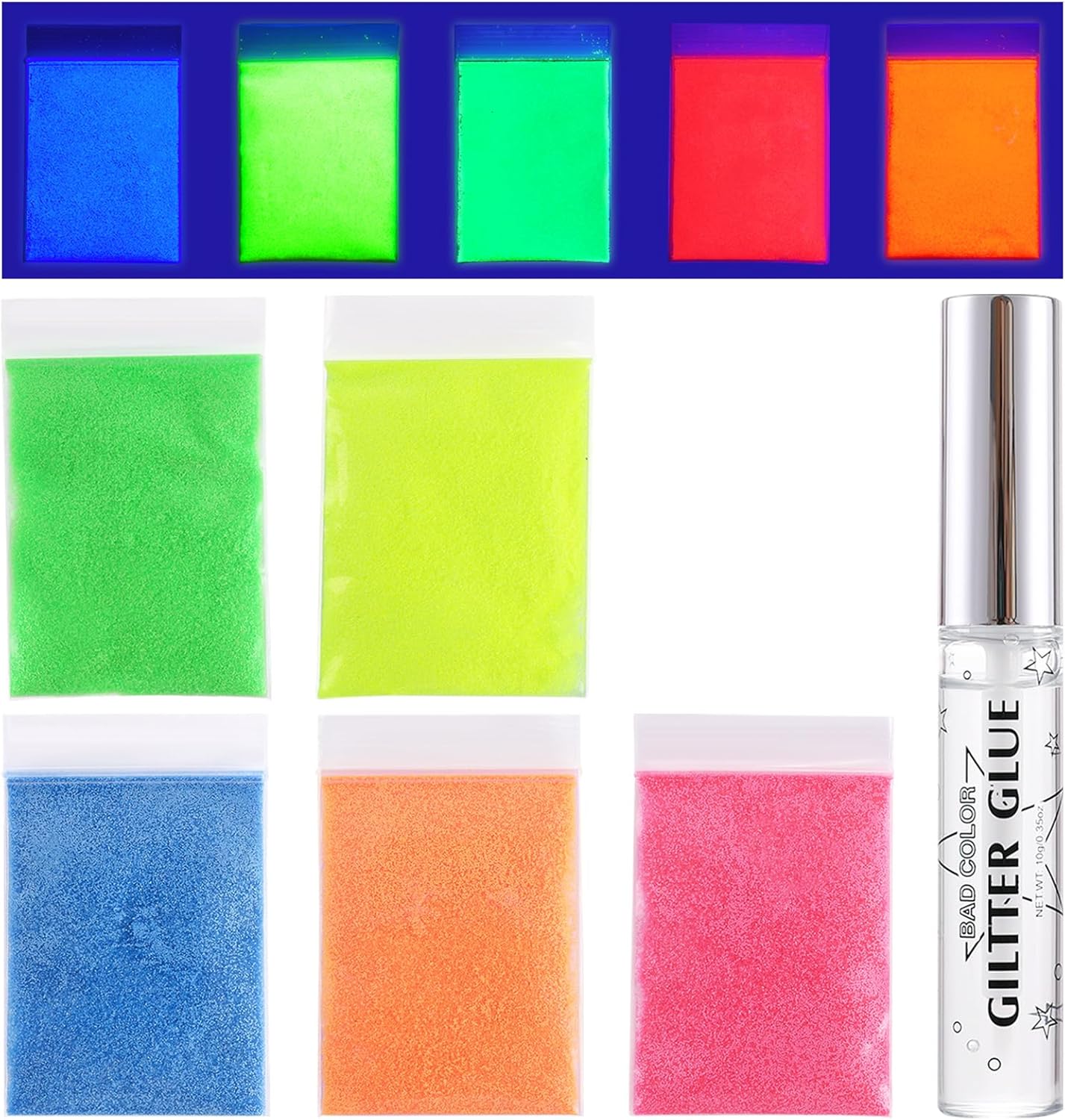 BADCOLOR Paquete de 5 brillos corporales neón UV + kit de pegamento de secado rápido, polvo brillante para cara, cabello, maquillaje de ojos, arte