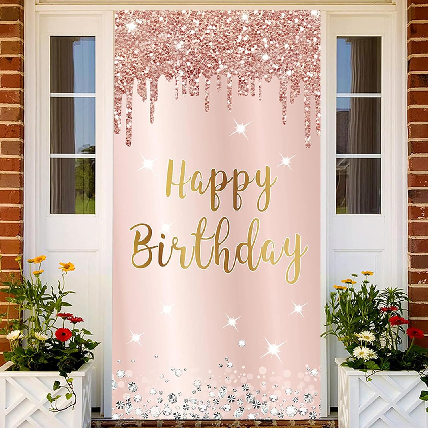 Cartel decorativo de puerta de cumpleaños para mujer, cartel de puerta de telón de fondo, letrero de feliz cumpleaños de oro rosa, suministros de