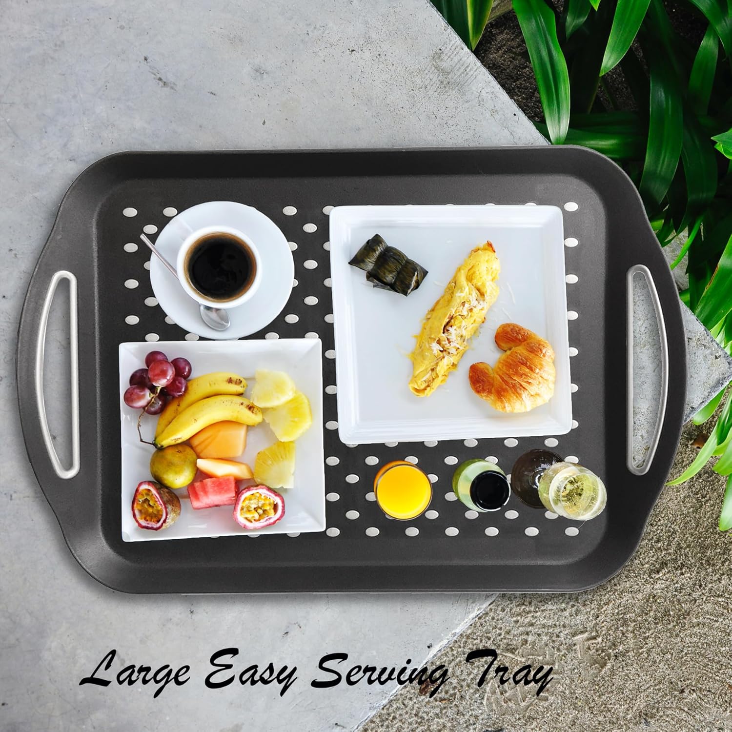 Bandeja grande antideslizante para servir alimentos con asas, bandeja rectangular antideslizante no tóxica apta para lavavajillas para aperitivos,
