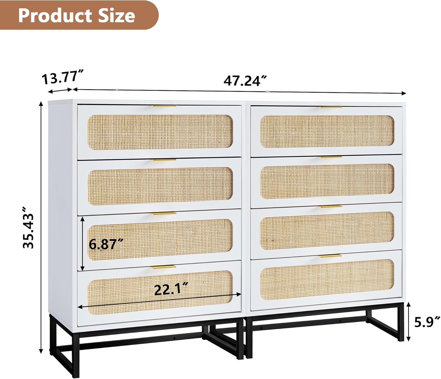 Cómoda de 8 cajones para dormitorio, cómoda de ratán, cómoda de armario, cómoda de almacenamiento de madera alta para sala de estar, dormitorio de