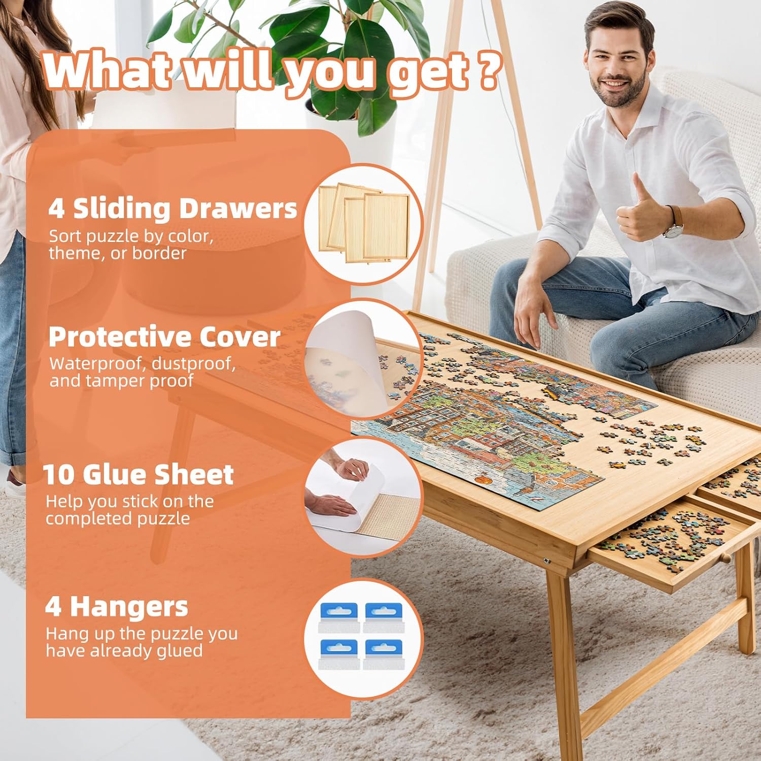 Mesa de rompecabezas portátil plegable de 1500 piezas con 4 cajones, tablero de rompecabezas de madera de 34 x 26 pulgadas con patas y cubierta