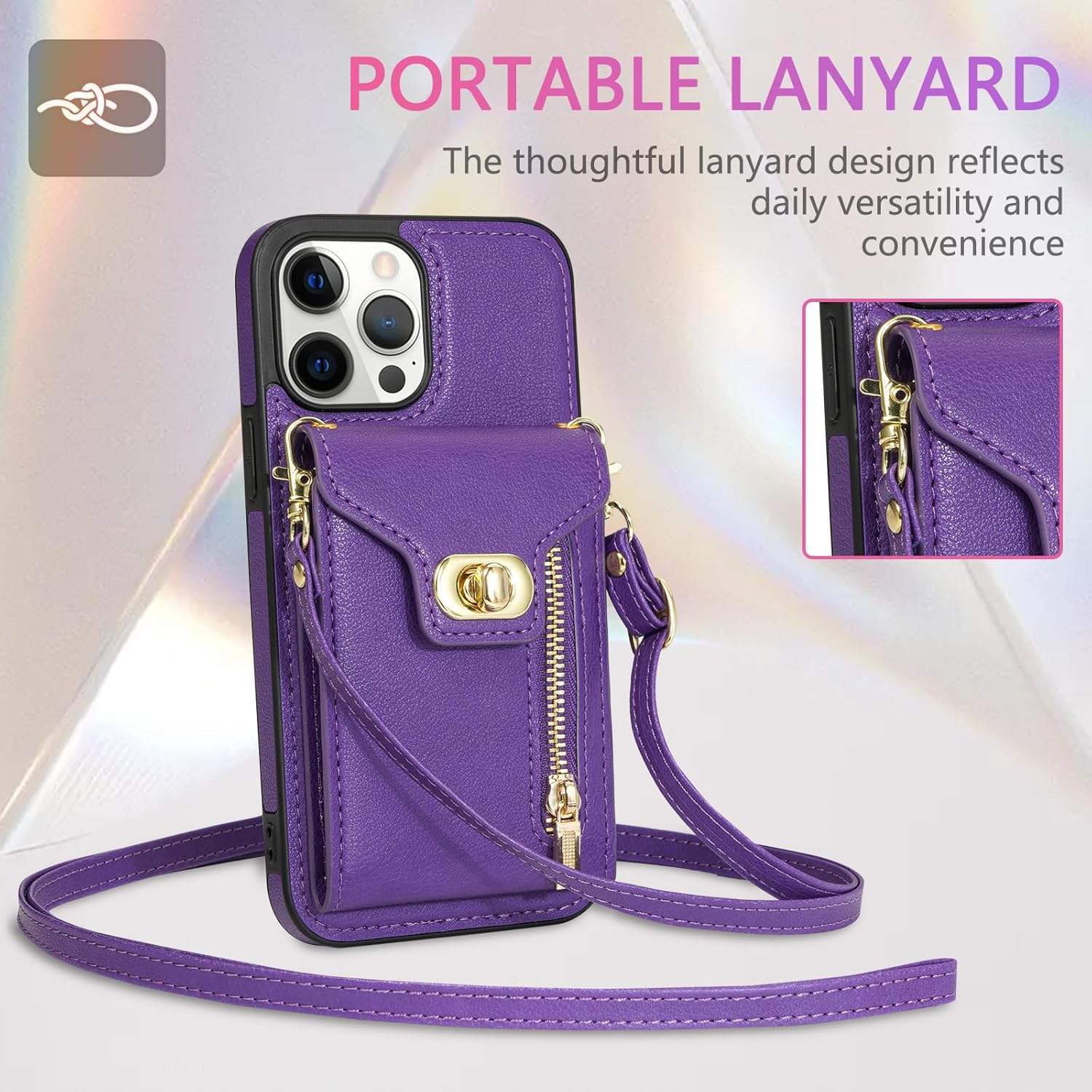 Funda de teléfono para iPhone 12 Pro Max 6.7 Funda tipo cartera con soporte para tarjeta de crédito, ranura con cremallera, correa cruzada, cordón