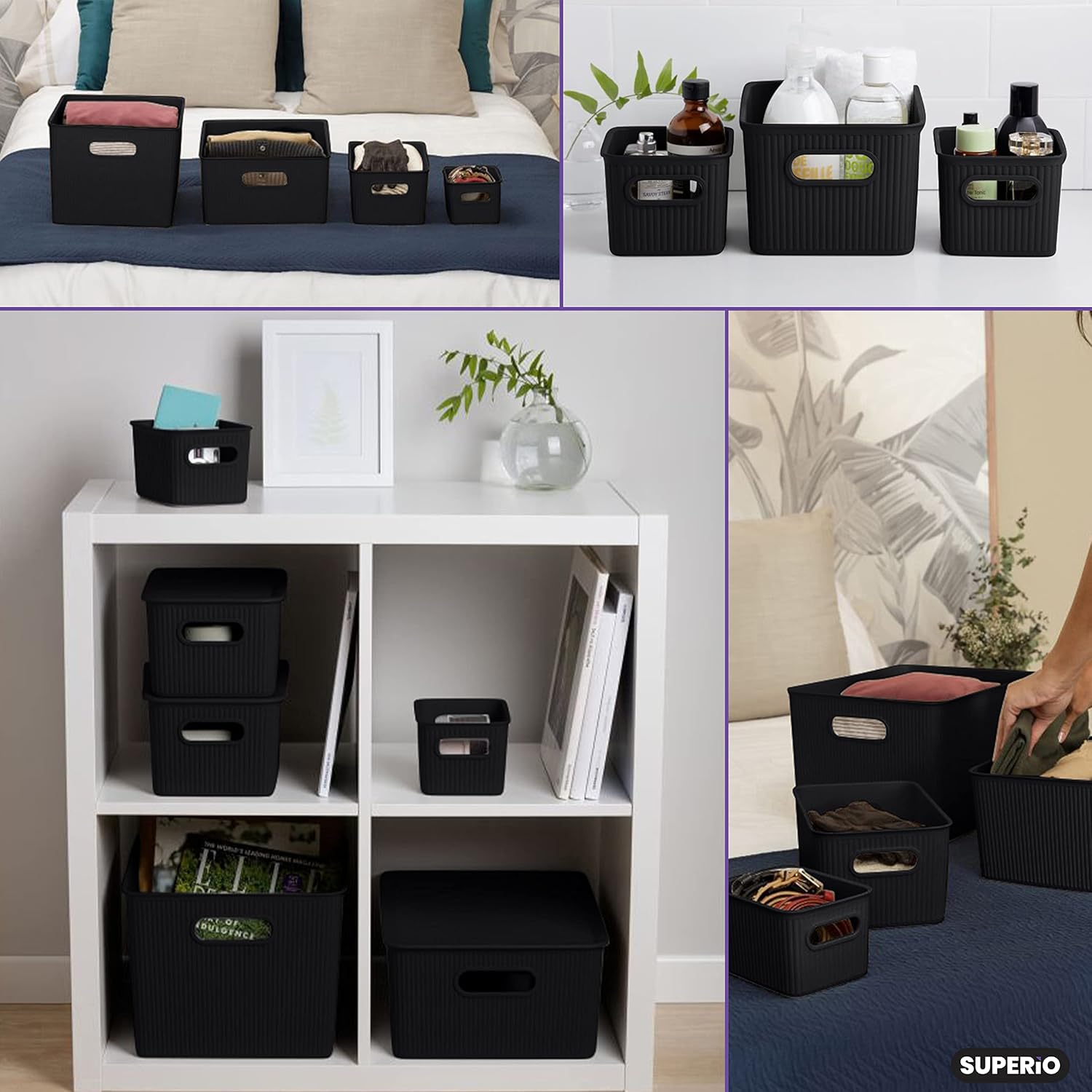 Superio Ribbed Collection  Canastas organizadoras de plástico decorativas abiertas para el hogar, color marrón medio (paquete de 2) cajas de