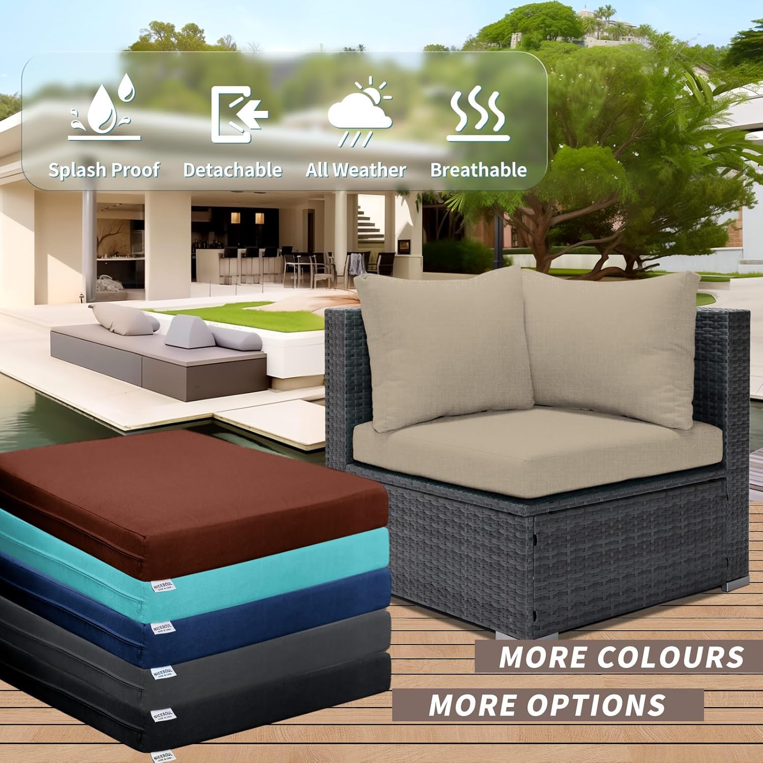 14 fundas de cojín de repuesto para muebles de patio al aire libre, color beige, con cremallera, fundas de cojín de patio de 27 x 27 pulgadas (solo