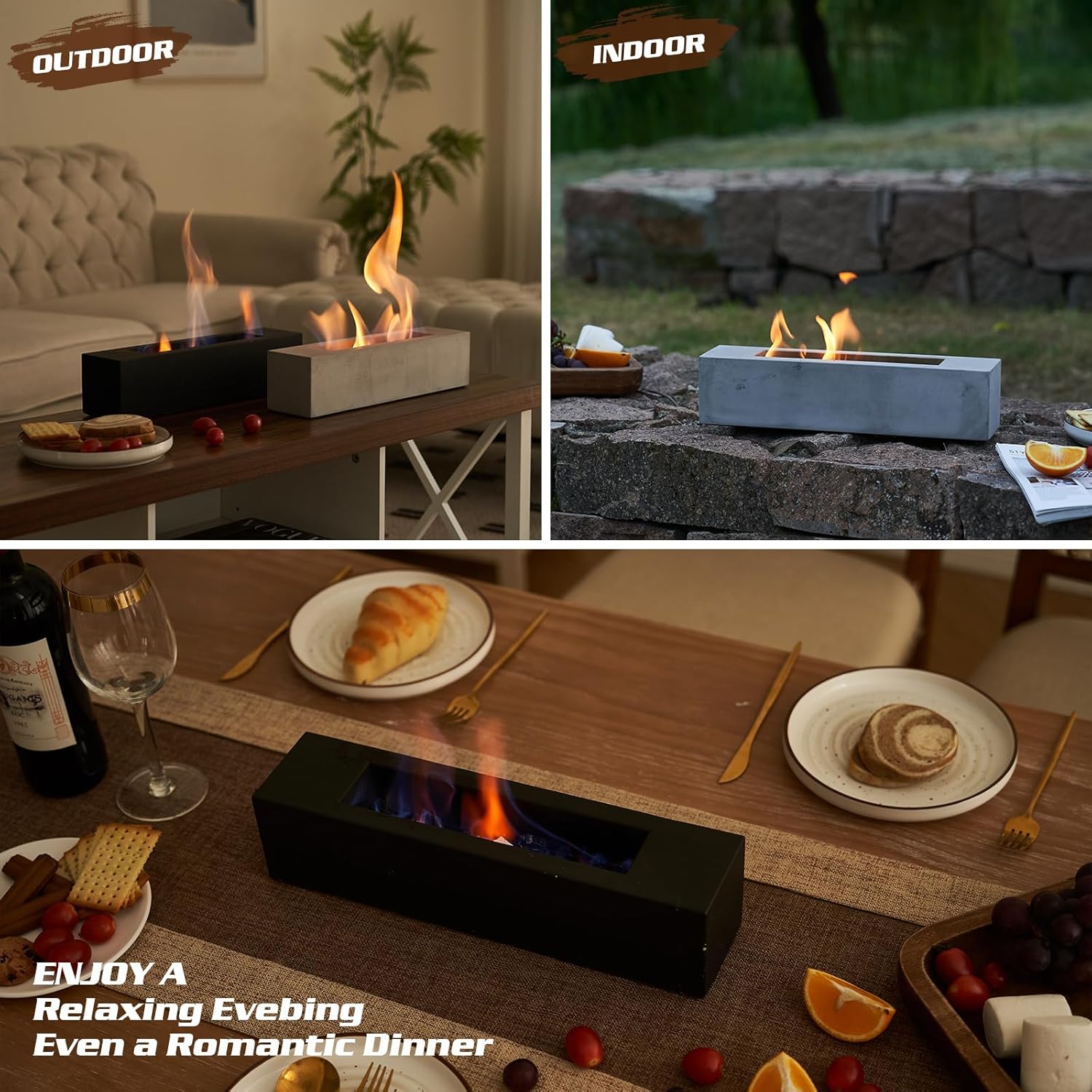 BRIAN & DANY Hoguera de mesa, hoguera de mesa de hormigón para interiores y exteriores, chimenea de mesa rectangular grande de etanol, color negro