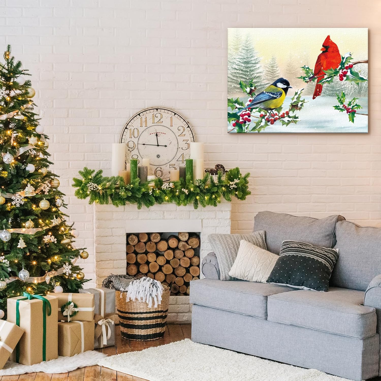 Louise Maelys Lienzo decorativo de invierno con marcos de madera de 12 x 16 pulgadas, póster de Navidad con obras de arte, impresiones de pájaros