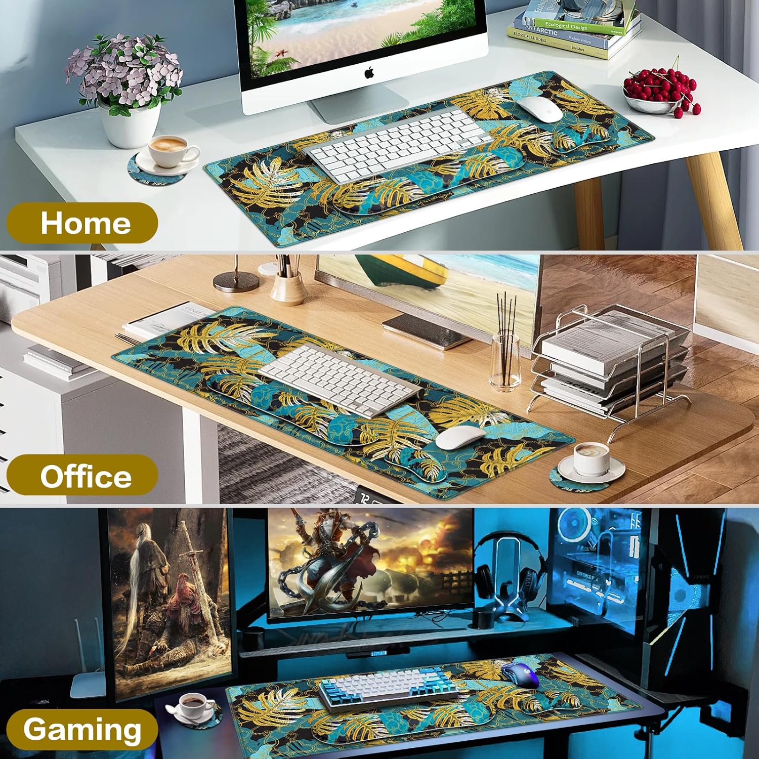 QOMOLAMA Juego de alfombrillas de mouse para juegos 4 en 1, alfombrilla de mouse grande de 35.4 x 15.7 pulgadas, reposamuñecas para teclado,