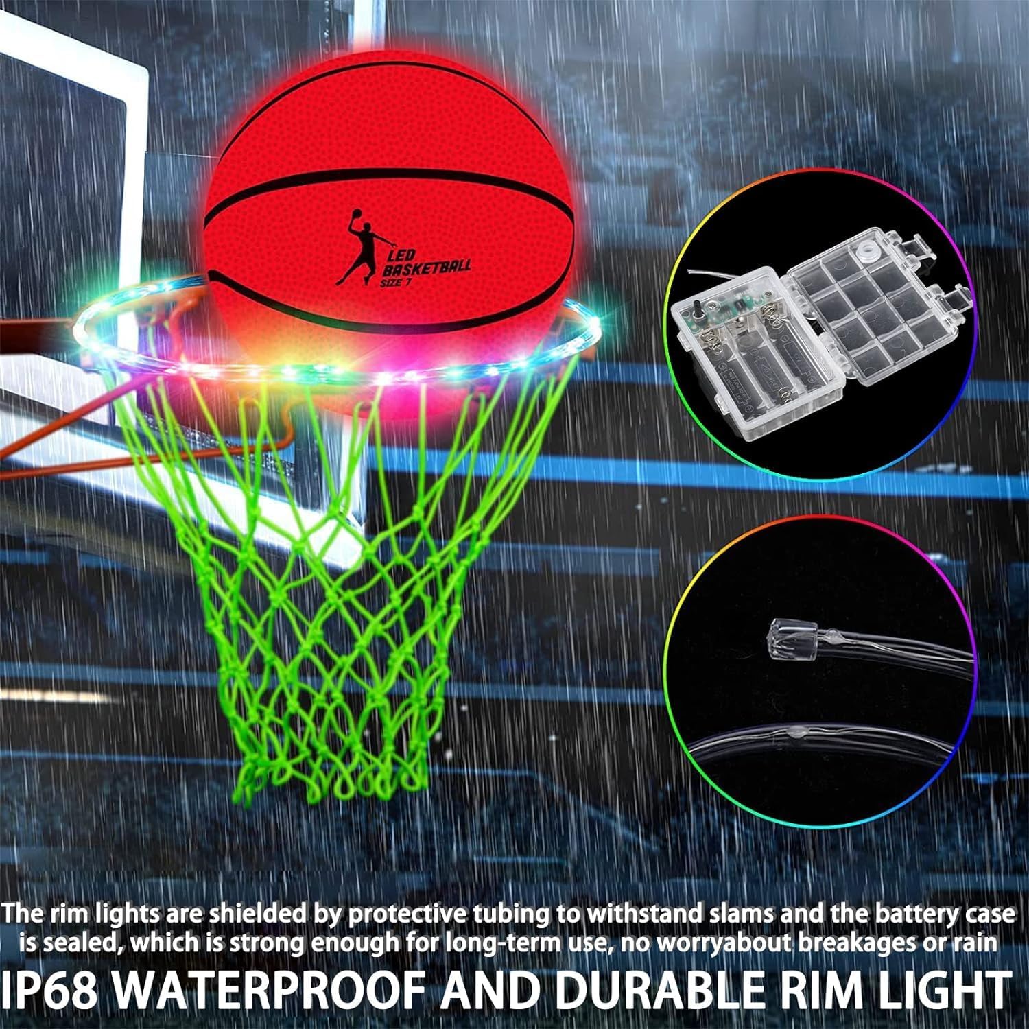 Luz LED de aro de baloncesto con control remoto para borde de baloncesto, luz LED, 17 colores, impermeable, para jugar al aire libre por la noche,