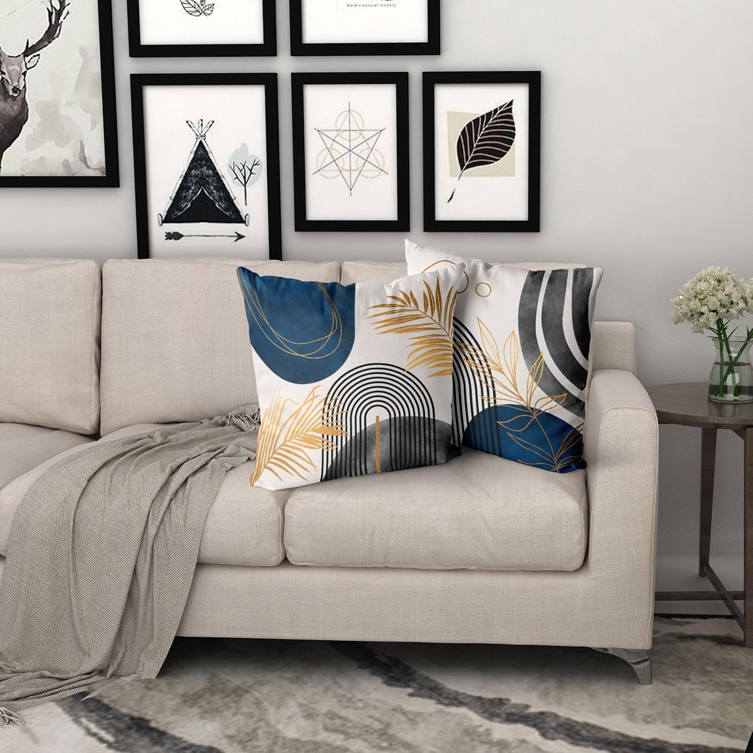 Juego de 4 fundas de almohada bohemias azules y grises, decoración moderna de mediados de siglo, fundas de almohada geométricas abstractas de 16 x