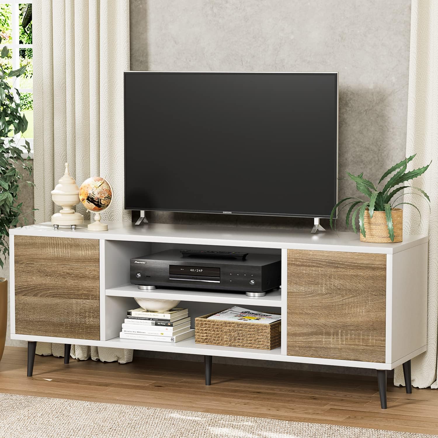YESHOMY Moderno soporte de TV para televisión de 65 pulgadas, centro de entretenimiento con dos gabinetes de almacenamiento, consola multimedia de