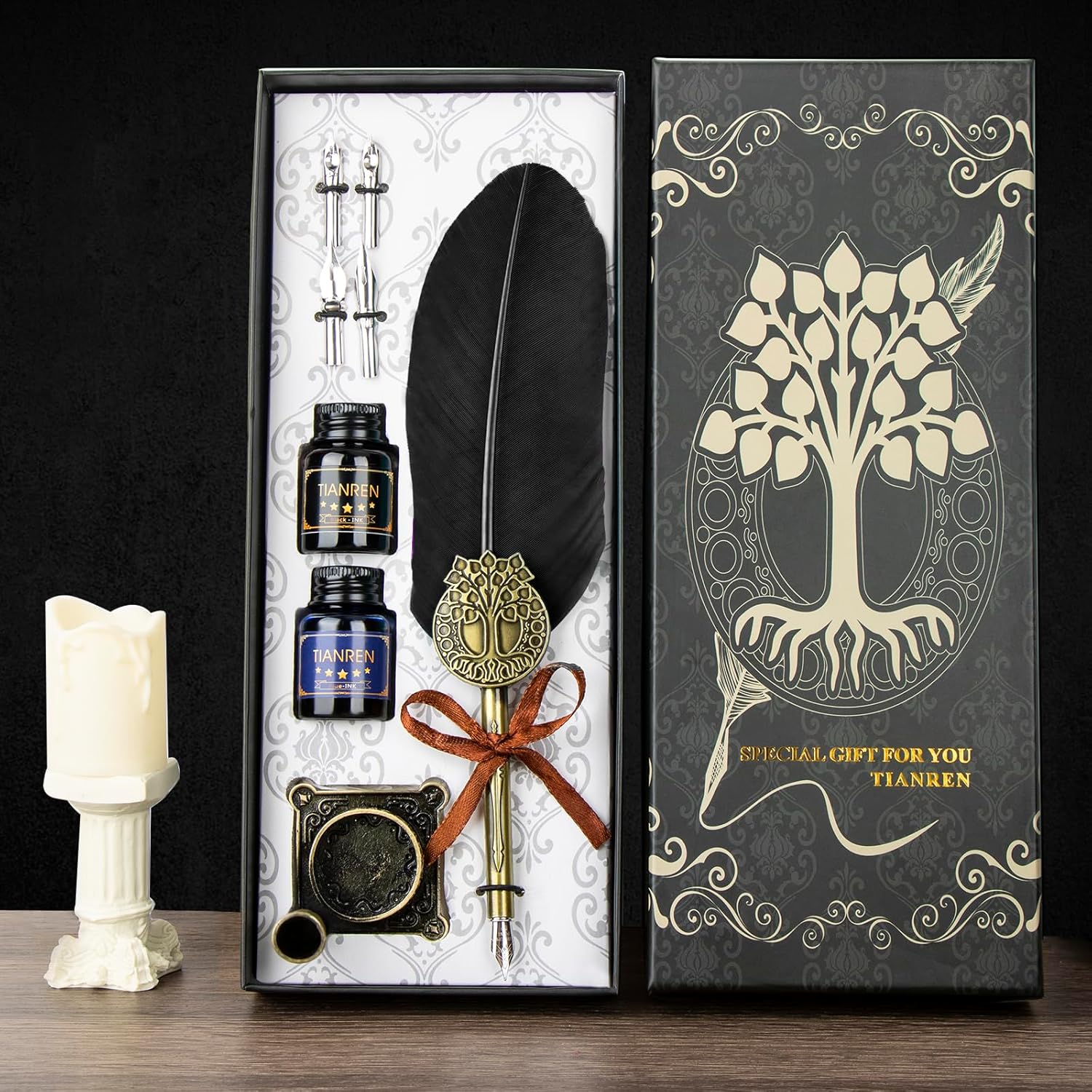 Juego de tinta de pluma, bolígrafo de plumas y tinta, bolígrafo de caligrafía antiguo con 4 puntas reemplazables, 2 botellas de tinta, soporte para