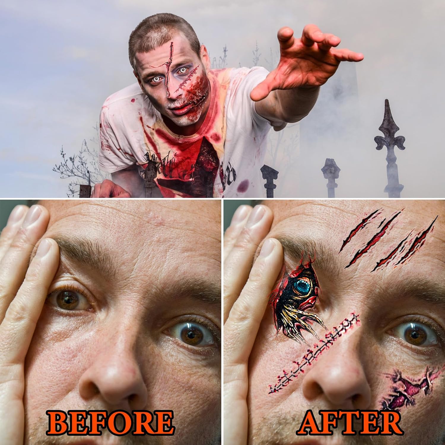 Fusang 20 tatuajes temporales de cicatrices de Halloween, realista, falsa herida sangrienta, impermeable, papel adhesivo para cosplay, fiesta,