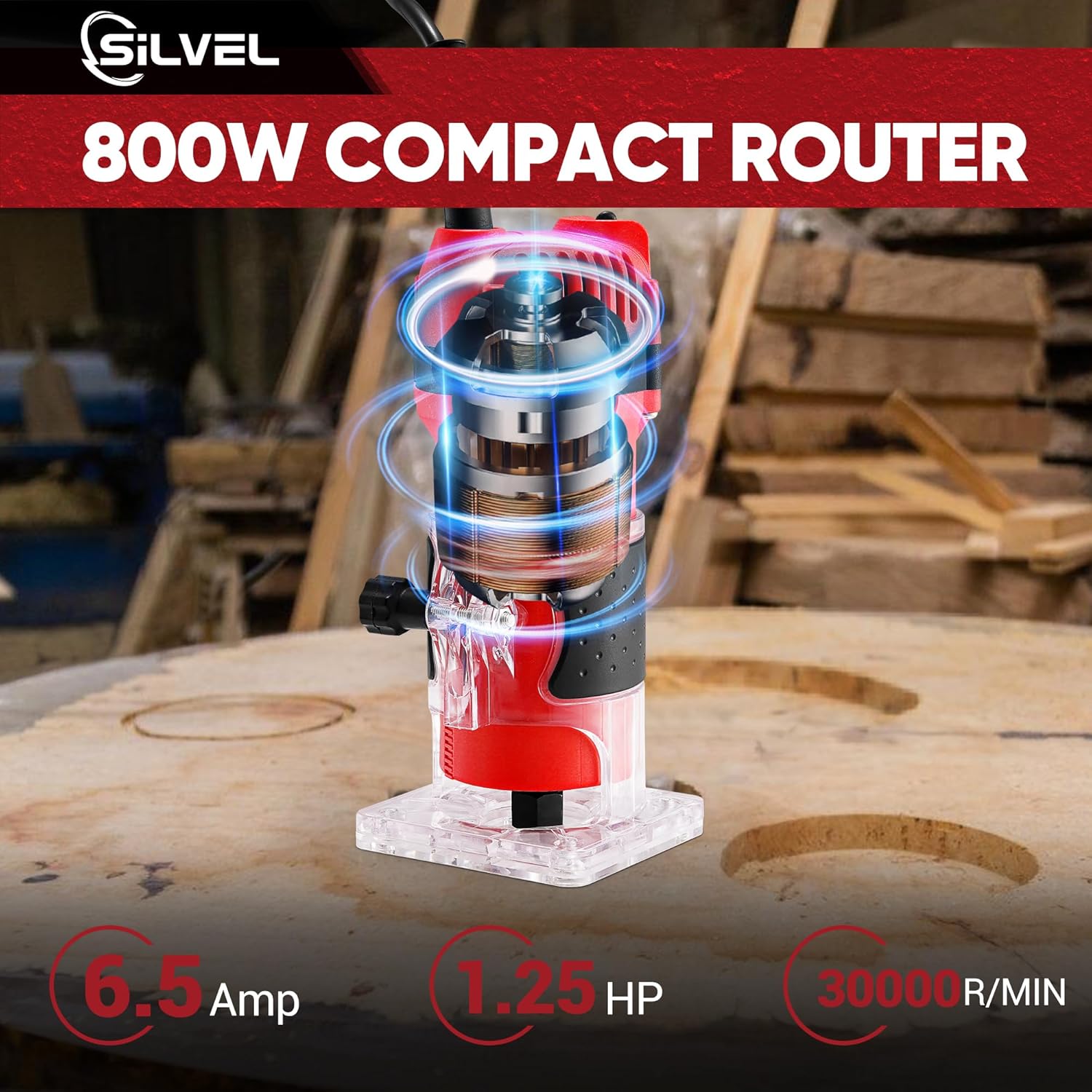 SILVEL Enrutador de madera, enrutador de madera de 800 W para carpintería, herramienta de enrutador de madera manual de 6.5 amperios 1.25 HP,