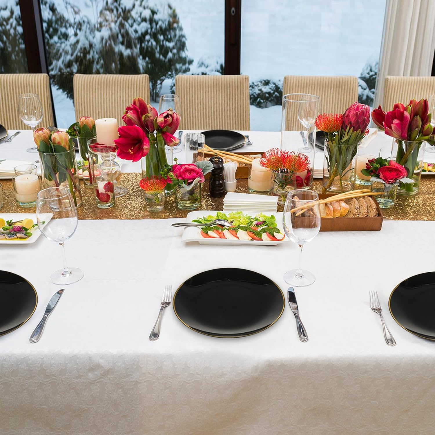 Ziliny 50 platos de plástico negro con diseño de borde dorado, elegantes platos de postre negros para fiestas, platos llanos desechables a granel,
