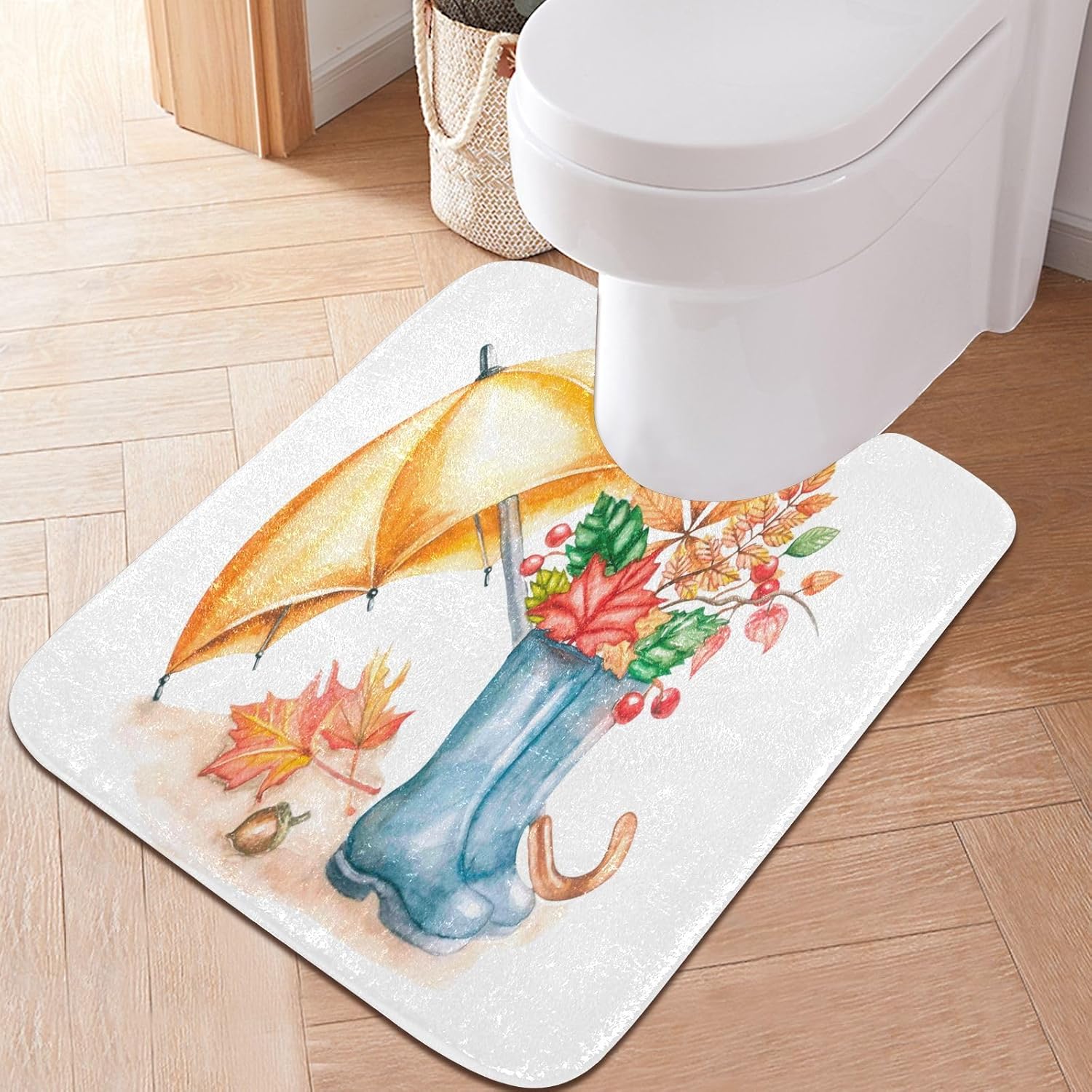 Bathroom Rugs Sets 2 Piece 24×16+24×20 Inch,Soft U-Shaped Contour Toilet Rug Umbrella Boots Maple Leaves Non-Slip Absorbent Bath Floor Mat Carpet