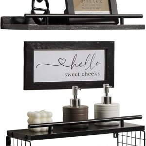 ZORCOR Estantes flotantes con letrero de decoración de baño, cesta de almacenamiento de papel higiénico de granja de madera, juego de 3, estante ZORCOR Estantes flotantes con letrero de decoración de baño, cesta de almacenamiento de papel higiénico de granja de madera, juego de 3, estante