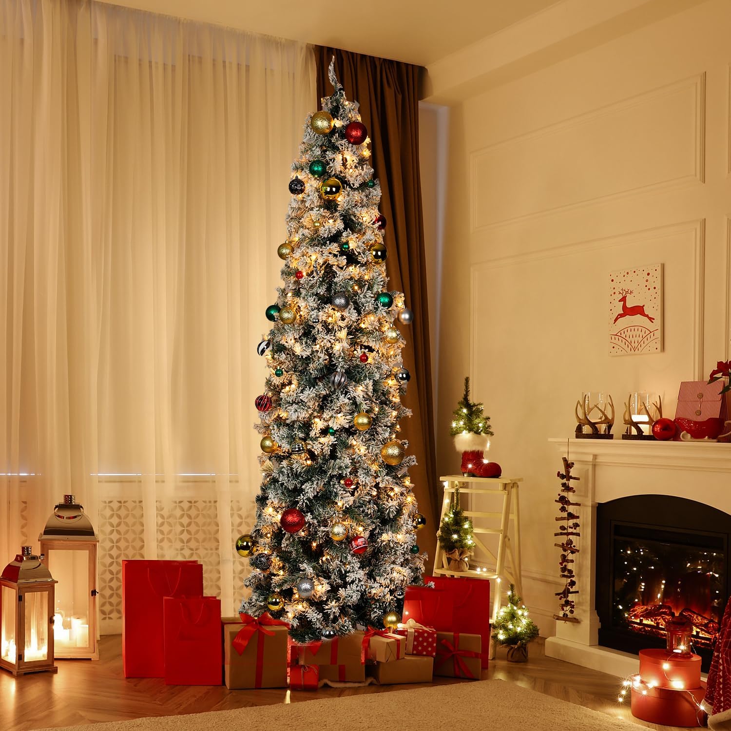 Árbol de Navidad preiluminado de 7.5 pies, árbol de Navidad artificial delgado con bisagras de metal y base para el hogar, tiendas, oficina,