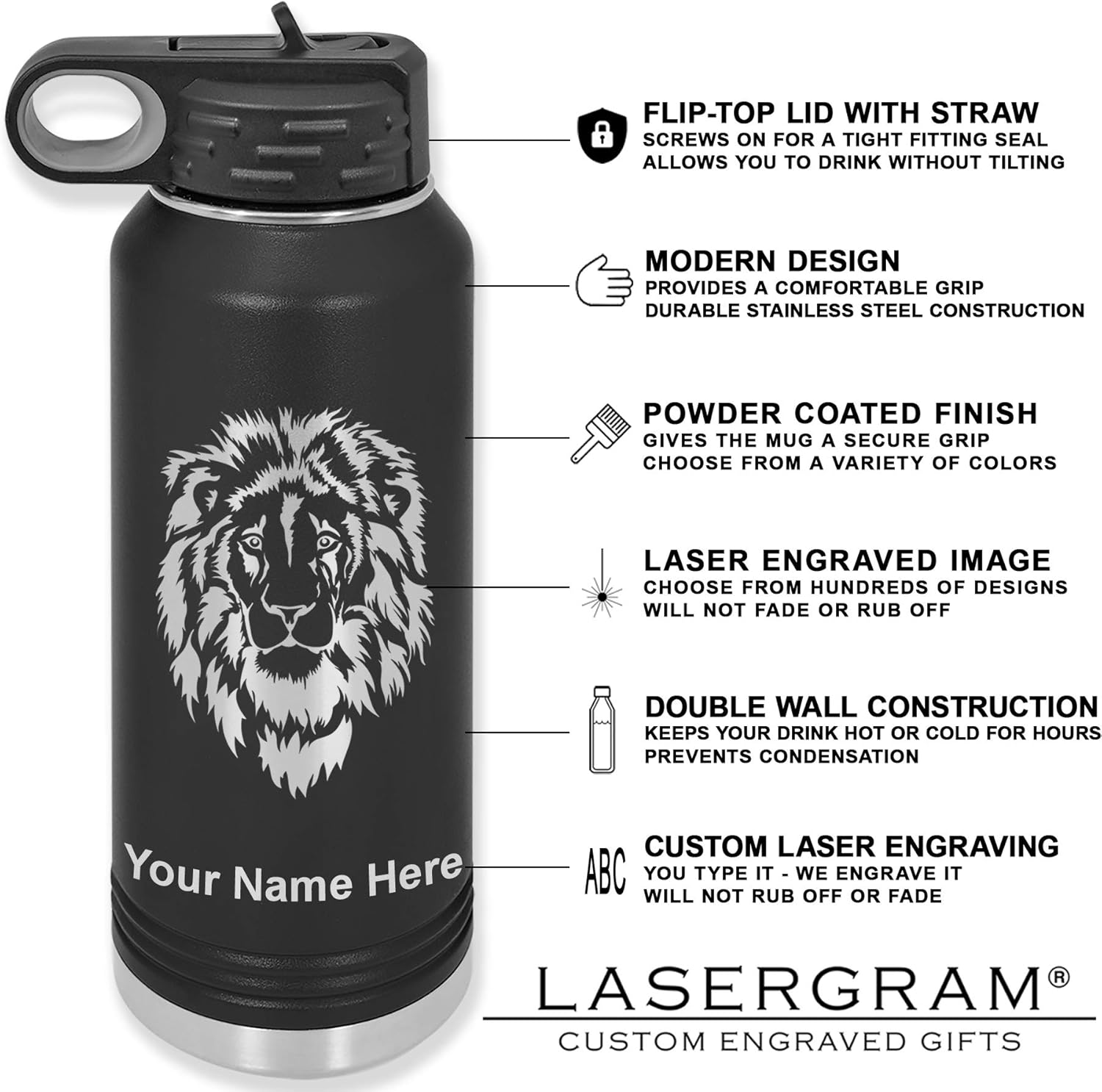 LaserGram Botella de agua con tapa abatible de doble pared de 40 onzas con pajita, dragón, grabado personalizado incluido (negro)