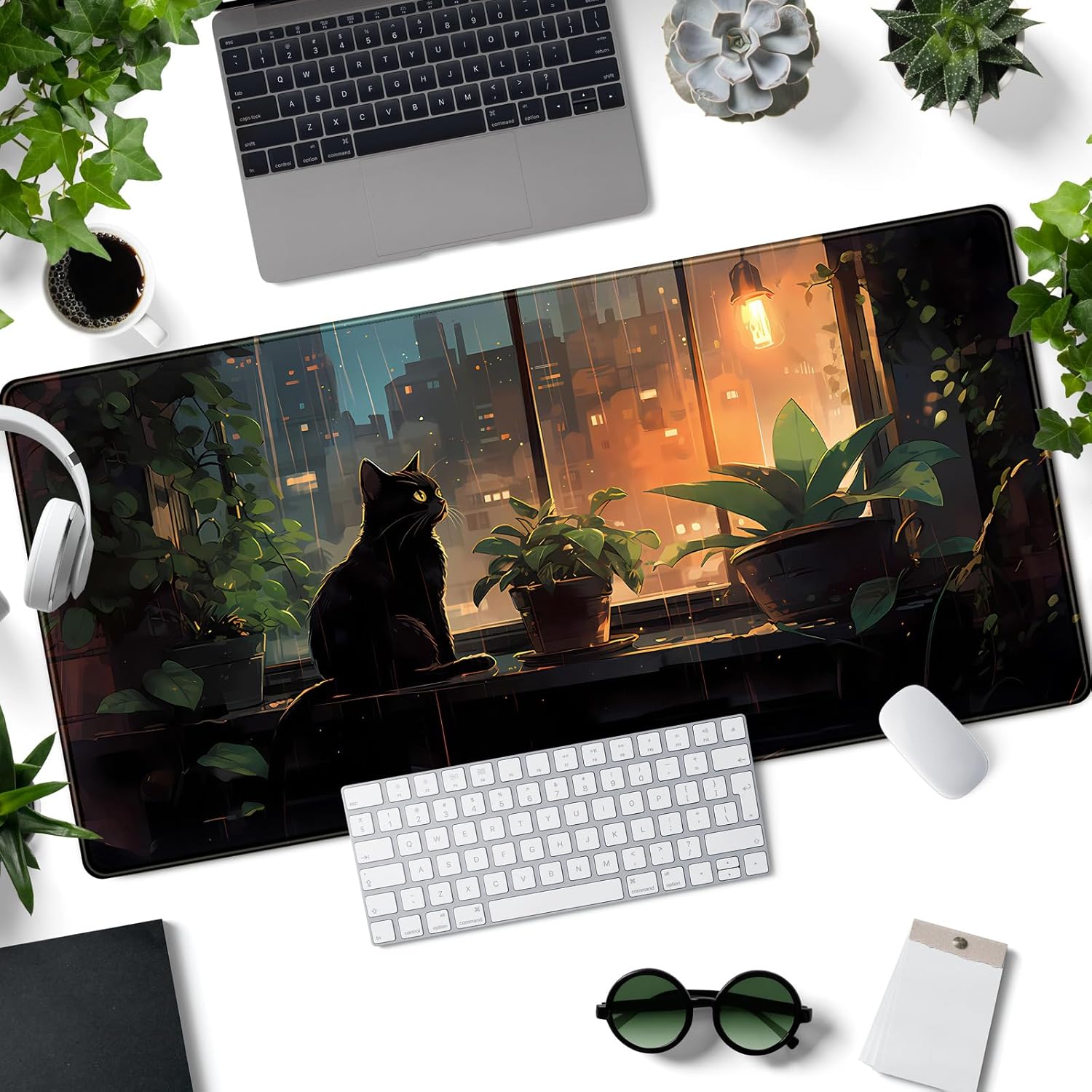 Alfombrilla de escritorio de gato negro con plantas verdes, alfombrilla de mouse grande para juegos de anime, alfombrilla de mouse XL para