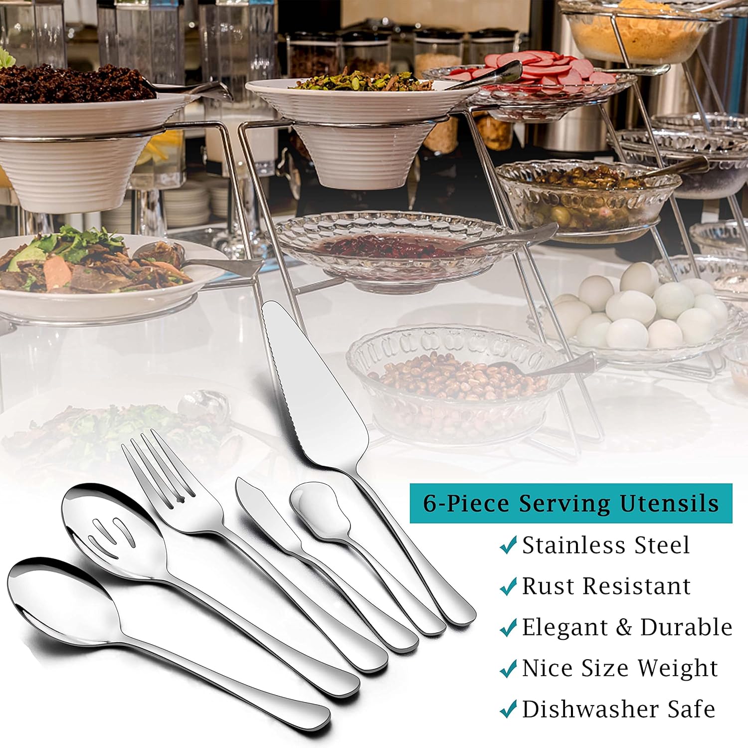 Homikit 6 utensilios de servir, juego de azafata de acero inoxidable, cubiertos de metal con cucharas de servir, tenedor, servidor de pastel,