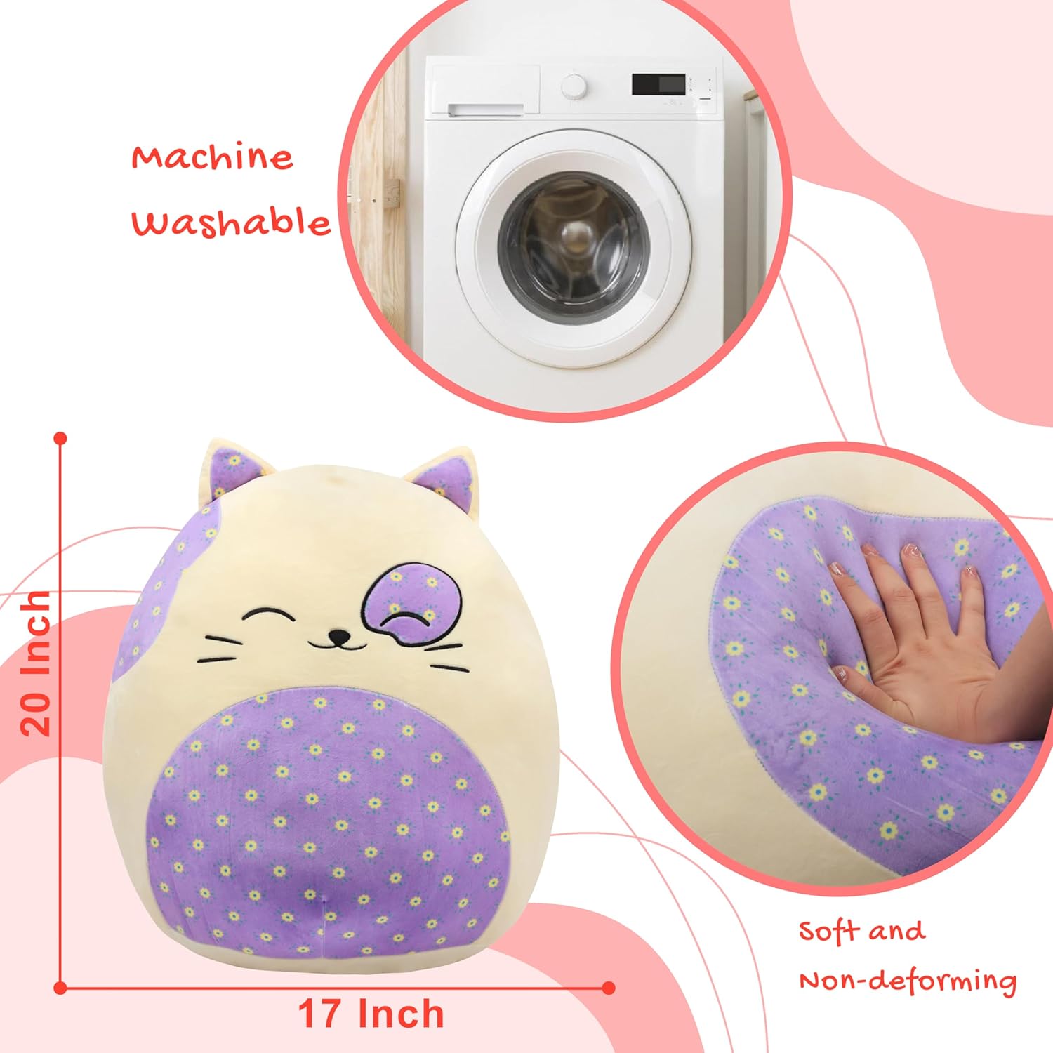 Almohada grande de felpa de gato de 20 pulgadas con vientre floral, lindo juguete de peluche suave para abrazar, animal de peluche gigante, regalo