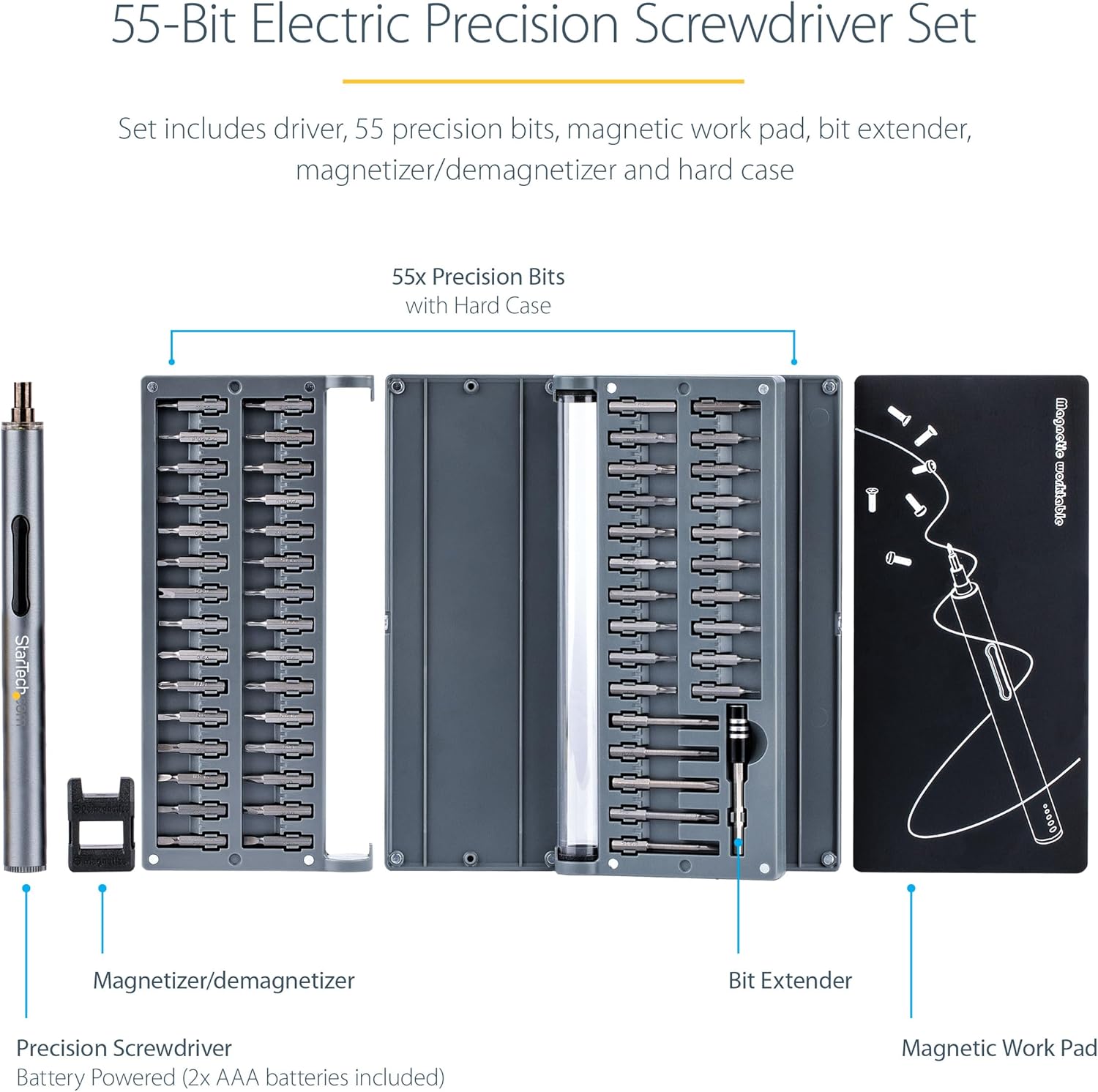 StarTech.com Juego de destornilladores eléctricos de precisión de 55 bits, kit de destornillador de puntas inalámbrico portátil con batería para