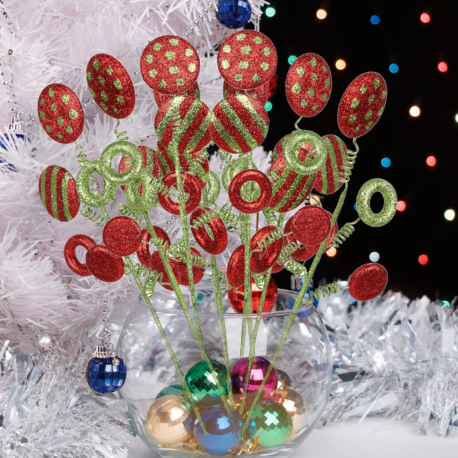 MANMAOHE 6 piezas de palillos y aerosoles de Navidad con purpurina de 16.5 pulgadas, tallos de dulces de Navidad, paletas, adornos para árbol de