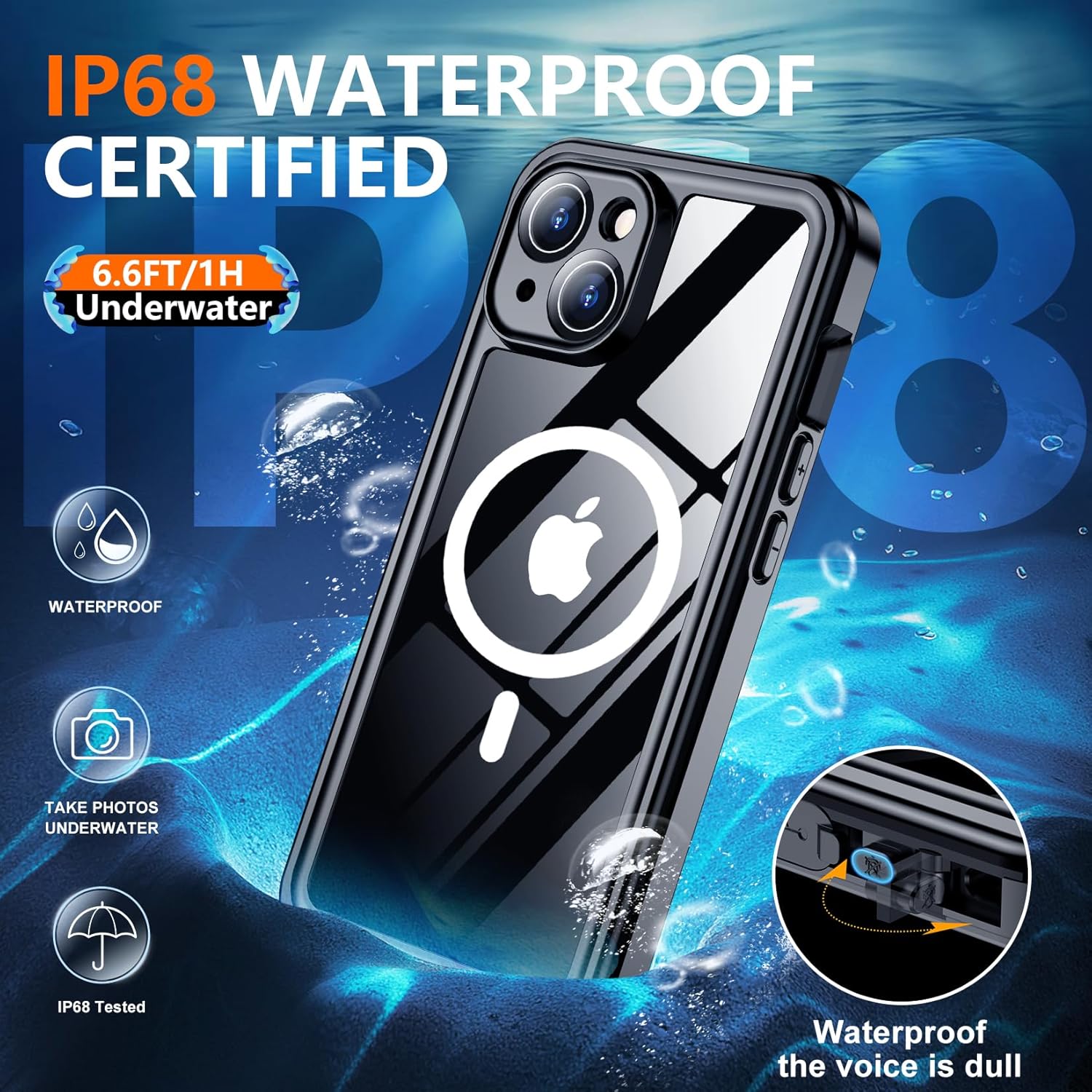 Funda magnética para iPhone 15 impermeable, protector de pantalla integrado y protector de cámara de vidrio templado, IP68 bajo el agua, a prueba de