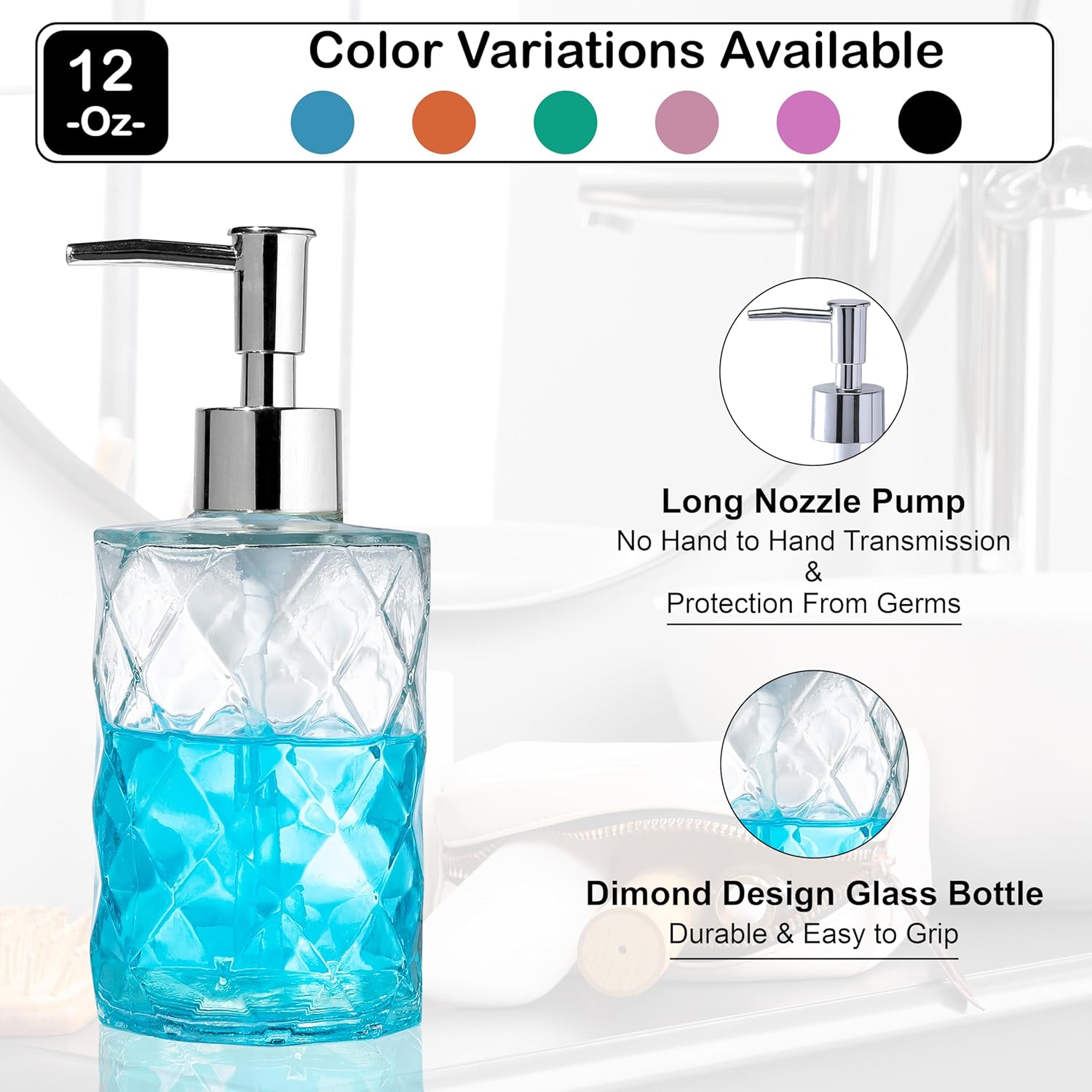 Dispensador de jabón de vidrio de 12 onzas para cocina, regalos para mamá, dispensador de jabón de manos para baño con bomba a prueba de óxido,