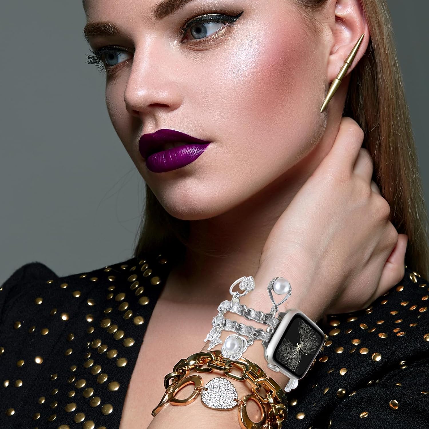 WONMILLE Correa compatible con Apple Watch de 1.732 in 1.772 in 1.929 in 1.654 in 1.496 in 1.575 in 1.614 in mujer elegante diseño de cadena con