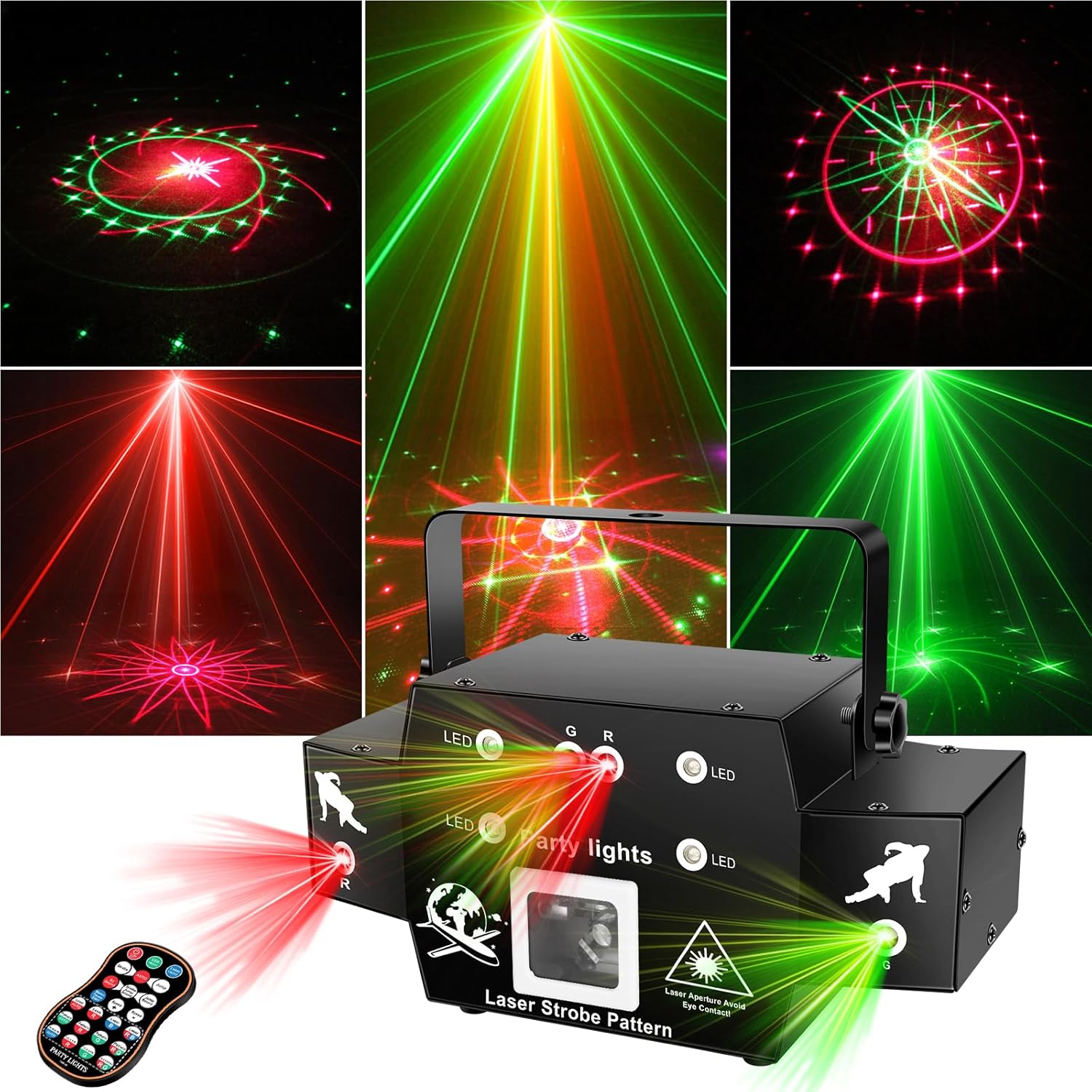 Luces láser para DJ para fiesta, proyector láser y efecto estroboscópico, iluminación de escenario por DMX512 Control y sonido activado con control