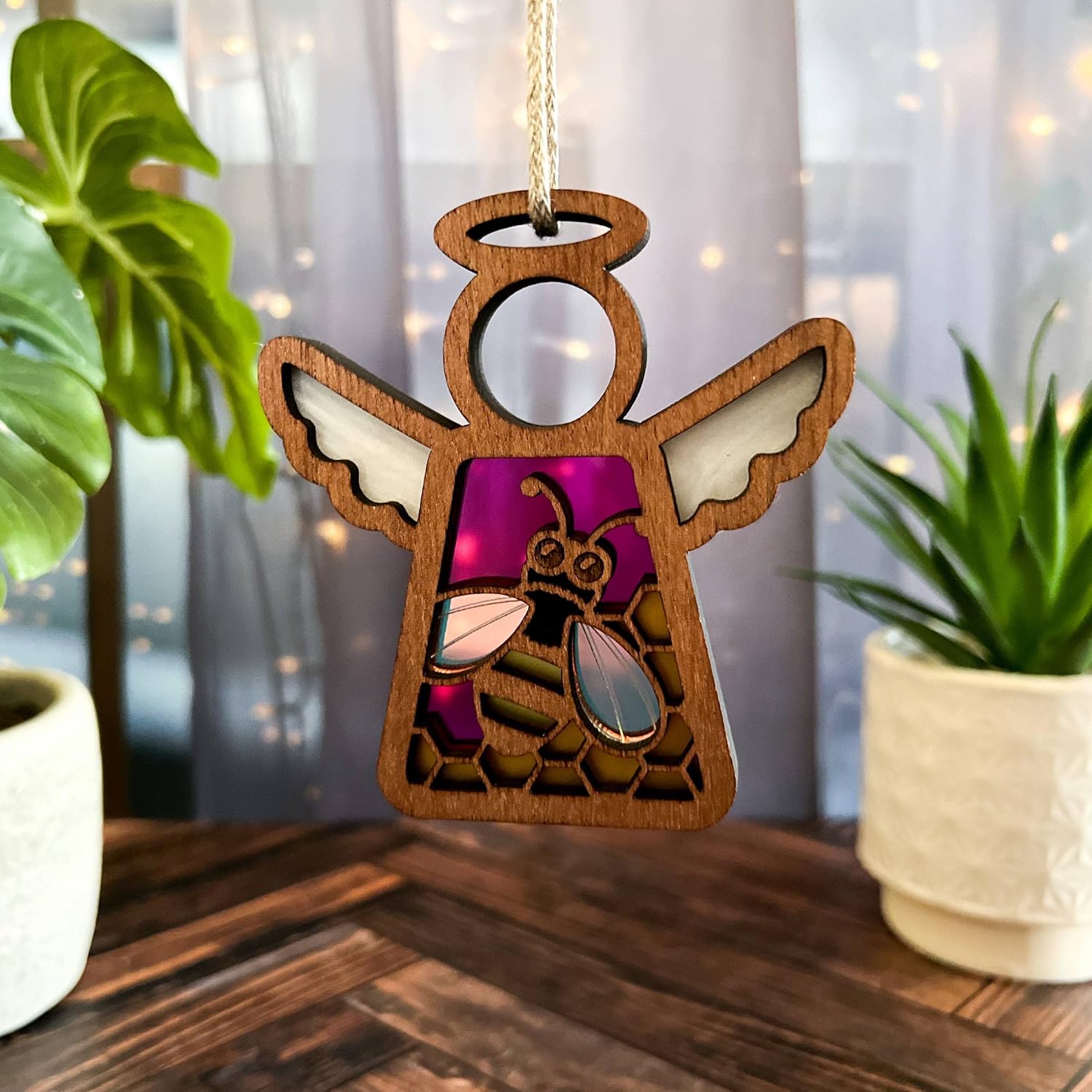 Honey Bee Ornament with Honeycomb Motif Design – Magenta Pink Angel Figurines – Ideal Bee Decor or Bee Kitchen Decor for Mom, Best Friend, Coworker,