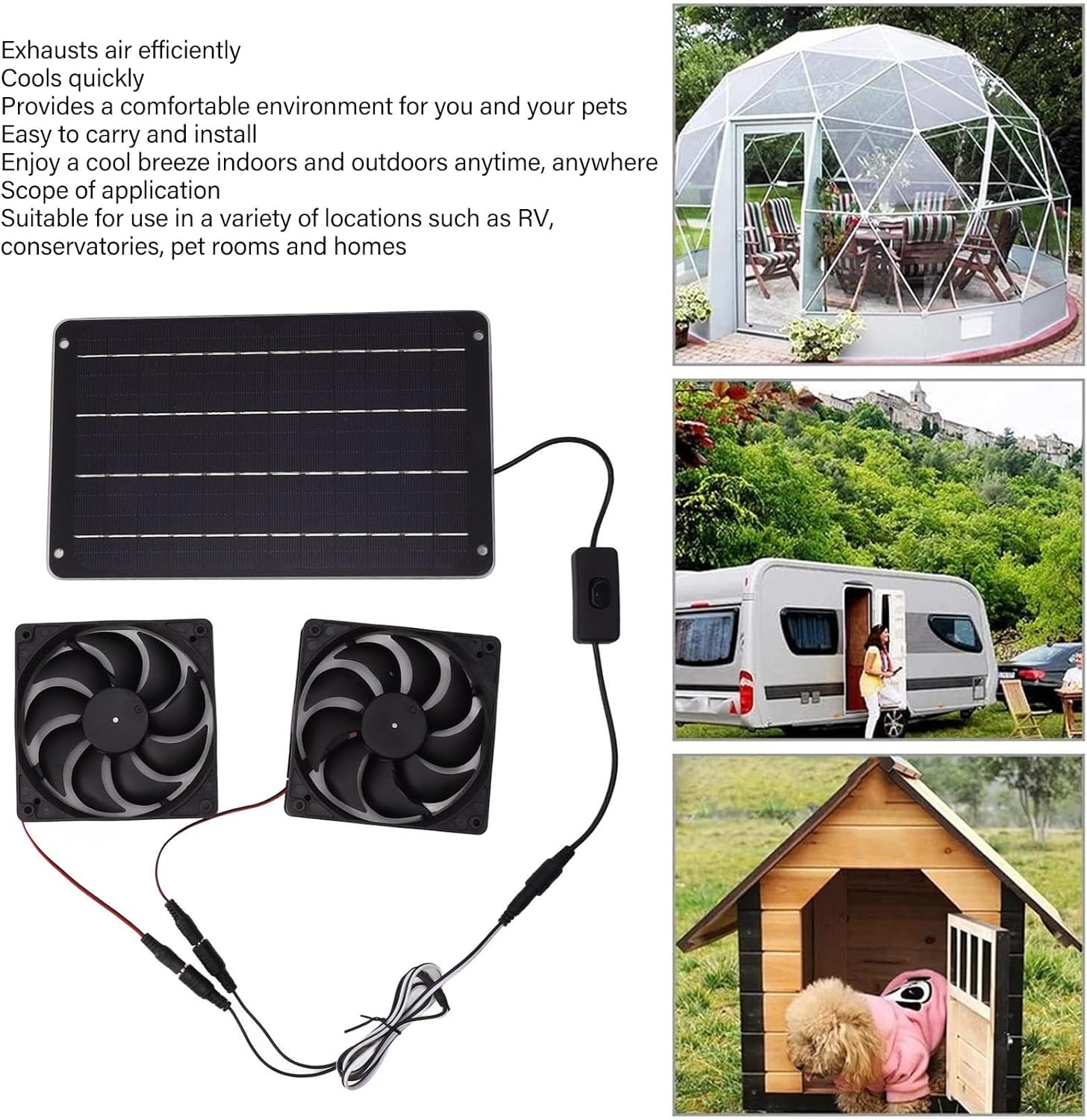 Ventilador de energía solar, panel solar de 20 W, kit de ventilador doble con interruptor de encendido y apagado, ventilador solar portátil exterior