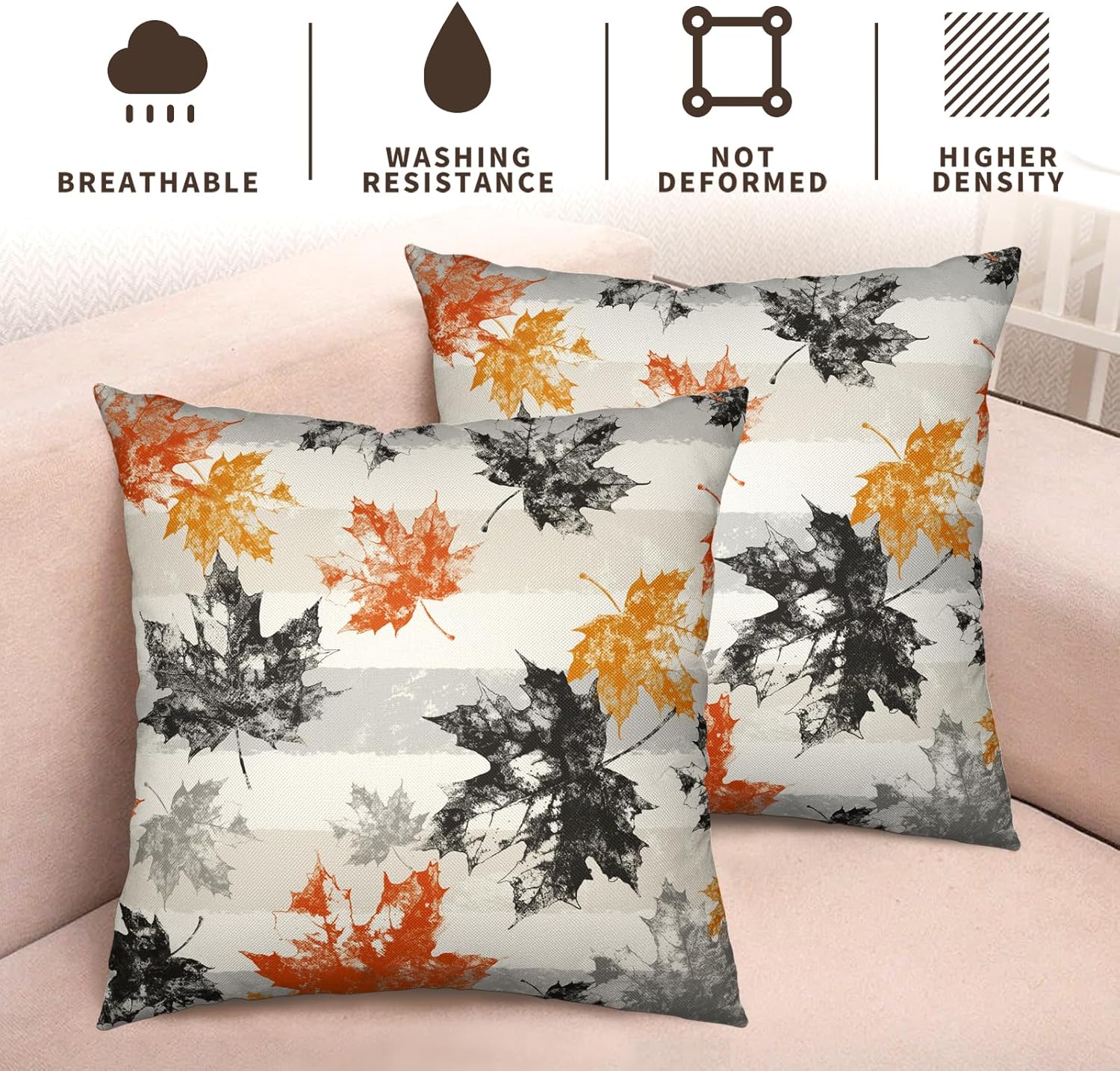 Juego de 2 fundas de almohada de hojas de otoño de 18 x 18 pulgadas, fundas de almohada decorativas de hojas de arce otoñales a rayas grises, fundas