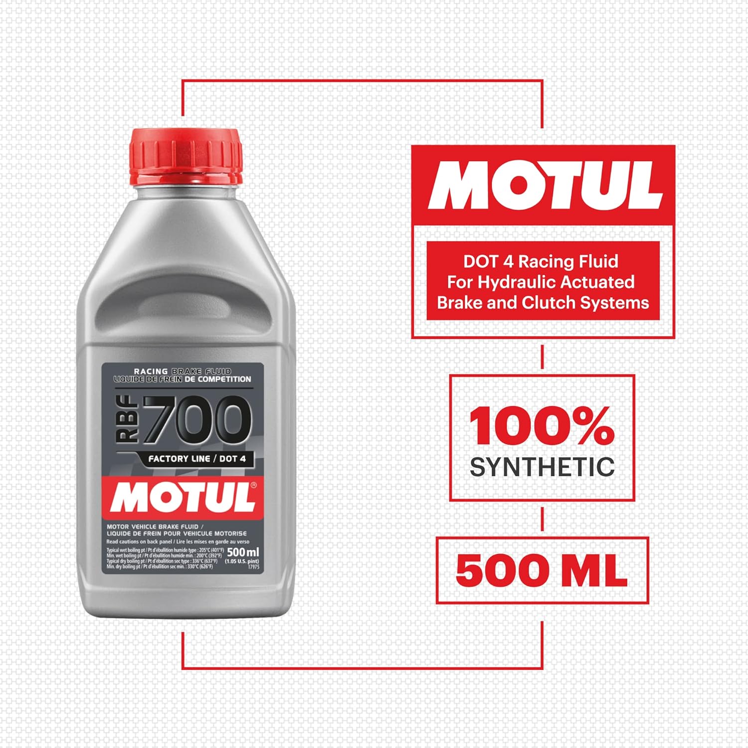 Motul 111257 RBF 700 Línea de fábrica Líquido de carreras de frenos Full Synthetic DOT 4 Temperatura extrema de alto rendimiento