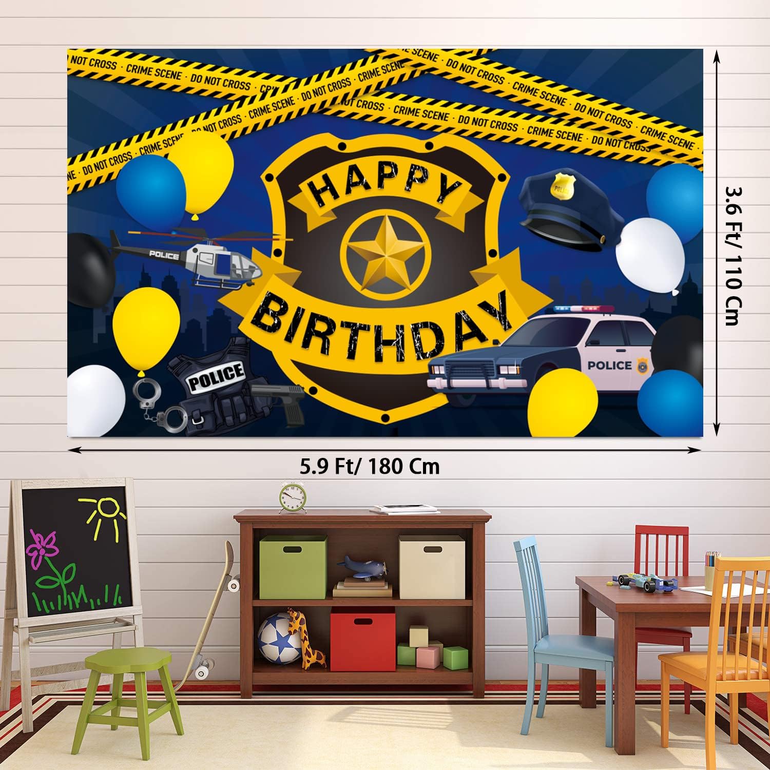 Suministros de fiesta de cumpleaños de policía, 159 piezas de decoración de fiesta de autos de policía para niñas y niños – telón de fondo,